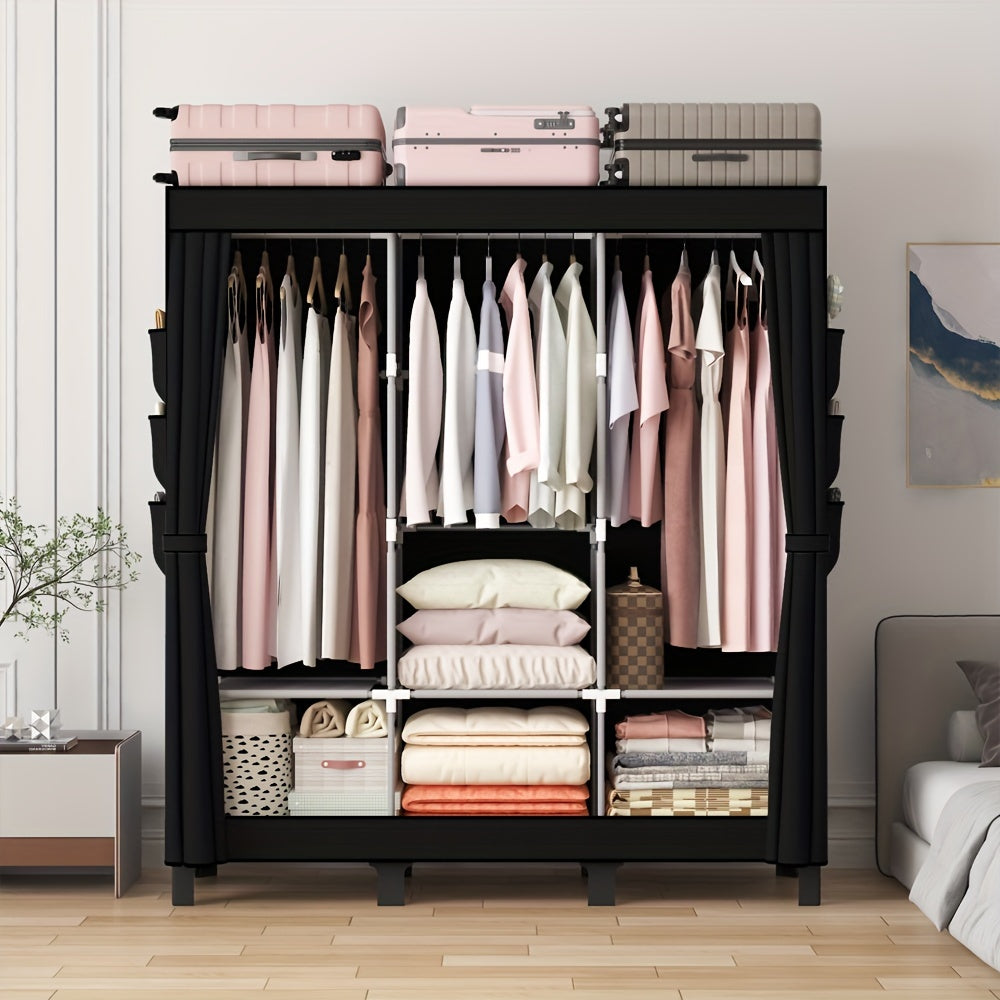 Black Dust-Proof Cloth Wardrobe - Durable Steel Frame, Multi-Layer Storage Organizer For Bedroom, Rental, And Dorm