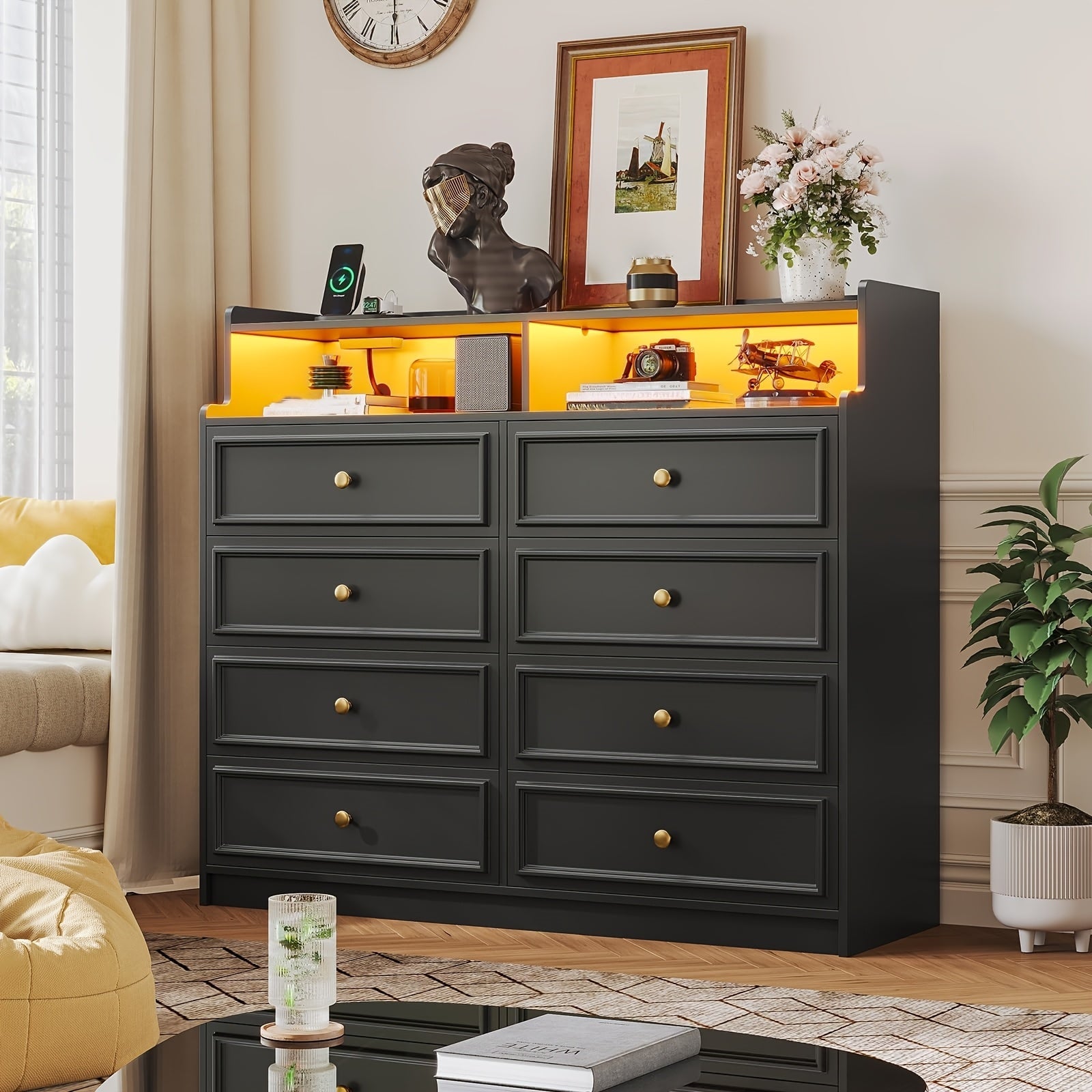 Bedroom Dresser With Charging Station LED Dresser With 8 Large Storage Drawers Chest Of Drawers Storage Organizer Large