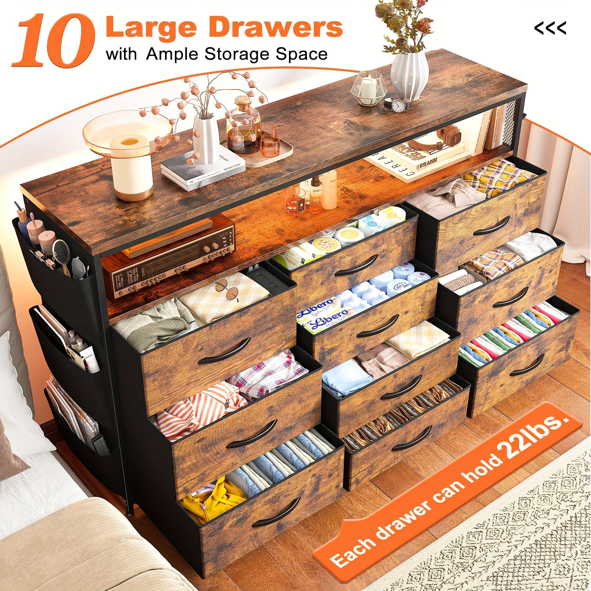 Dresser TV Stand With 10 Drawers For 140cm TV Stand For Bedroom With LED Lights & Power Outlets Wide Dresser