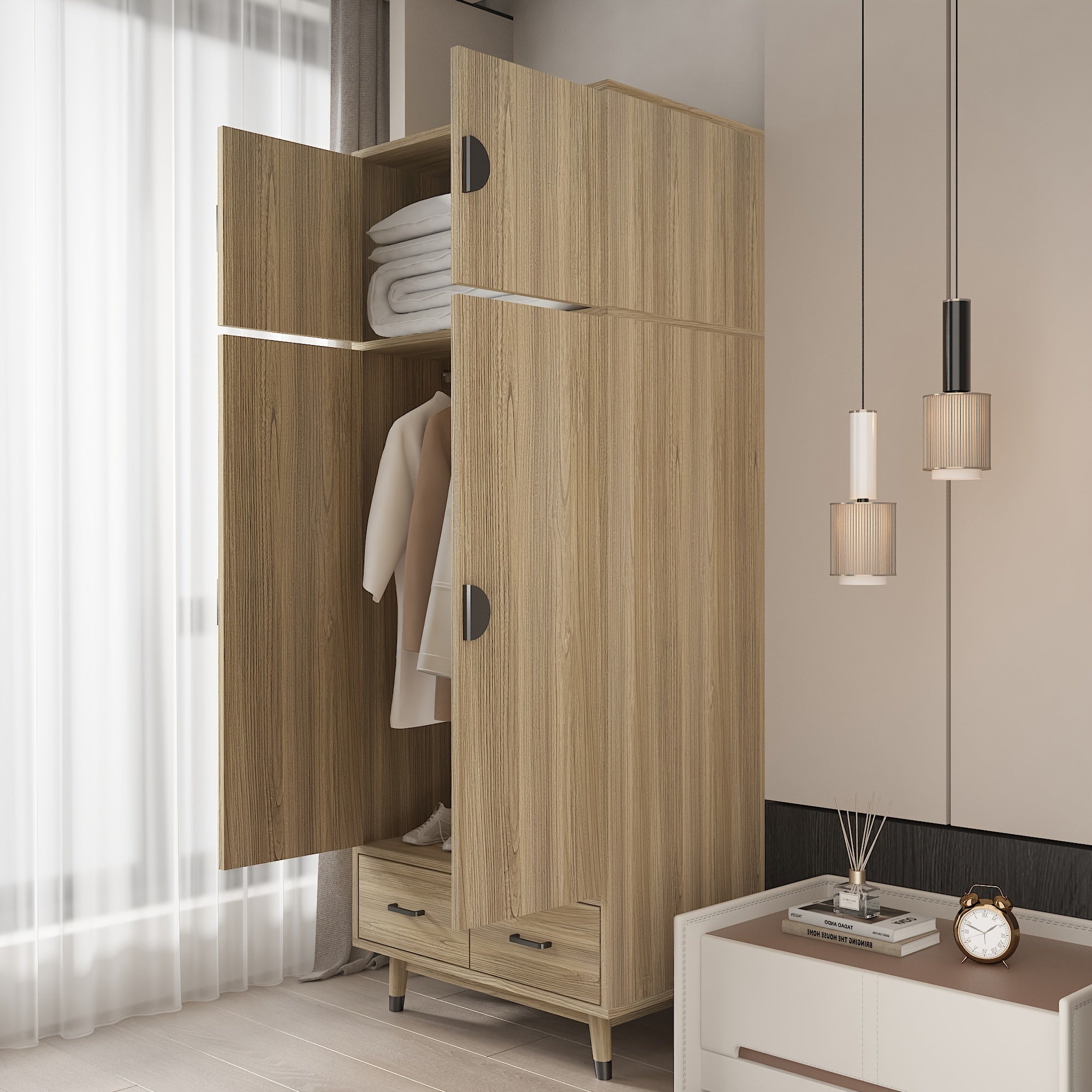 Large Armoire Wardrobe Bedroom Closet With 4 Doors, 2 Drawers, Removable Hanging Rod And Adjustable Shelves For Bedroom