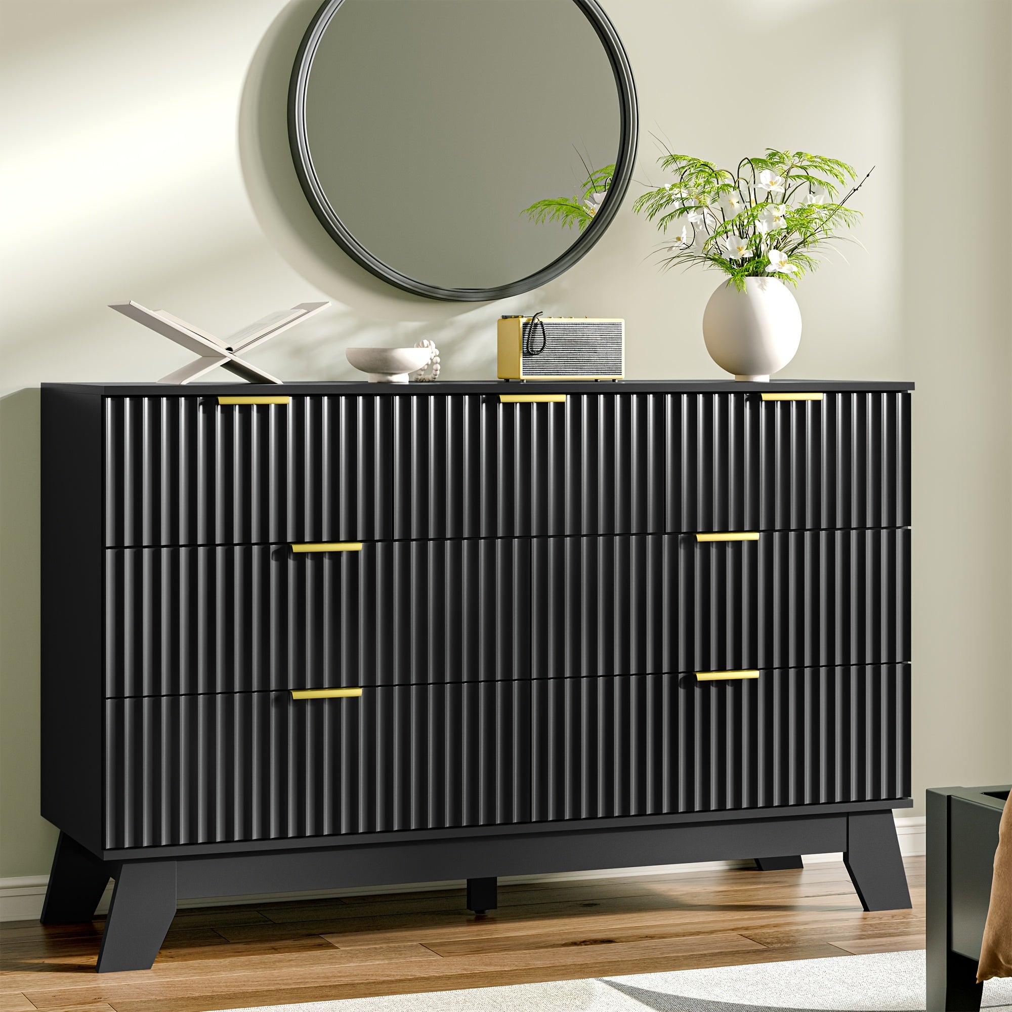 Elegant 7-Drawer White Wood Dresser with Golden Handles - Modern Fluted Design, Medium-Density Fiberboard, Sleek Black Interior for Bedroom & Entryway Storage, Dresser for Bedroom, HUANLEGO