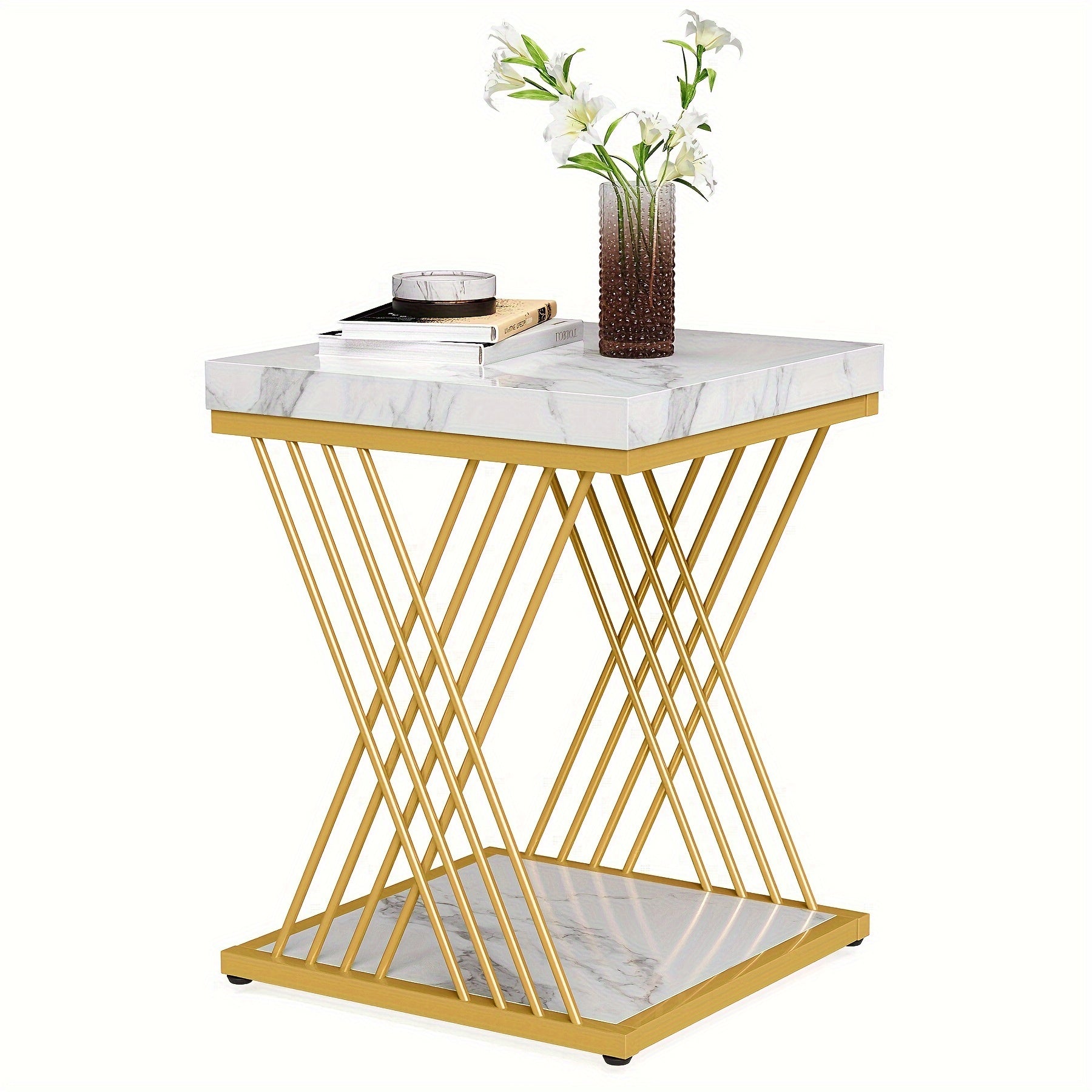 Square Side Table, White Golden End Table, 2-Tier End Table, Modern Bedside Table, Small Side Table with Storage for Couch, Sofa Side Table with Metal Frame for Living Room