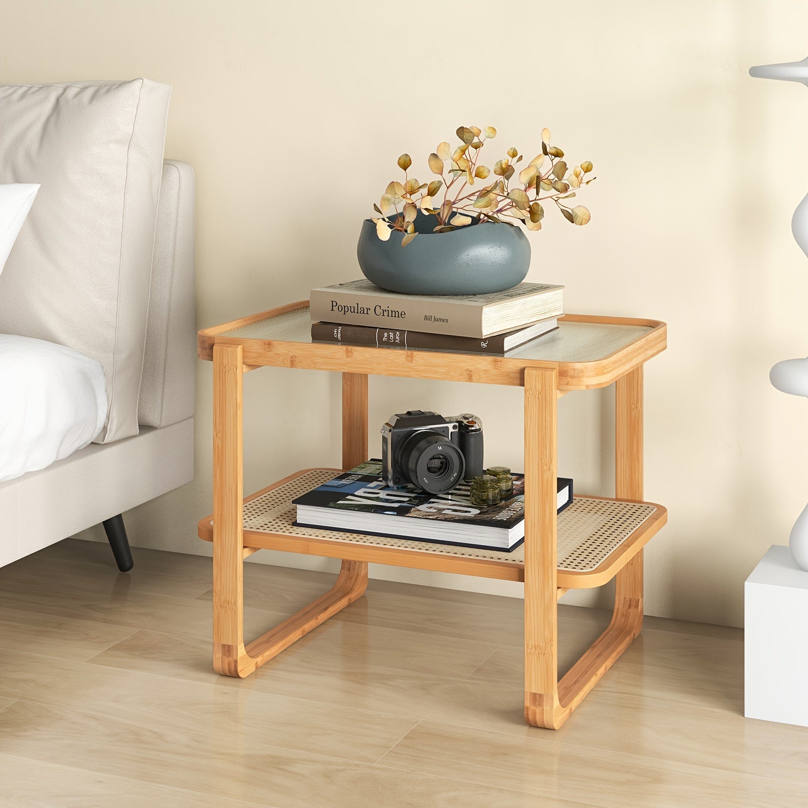 1pc Bamboo And Rattan Side Table With Glass Top, Modern Small Sofa End Table/Nightstand, 28x17.5x21.5 Inches, With Lower Shelf Storage, Home Furniture, Home Essential