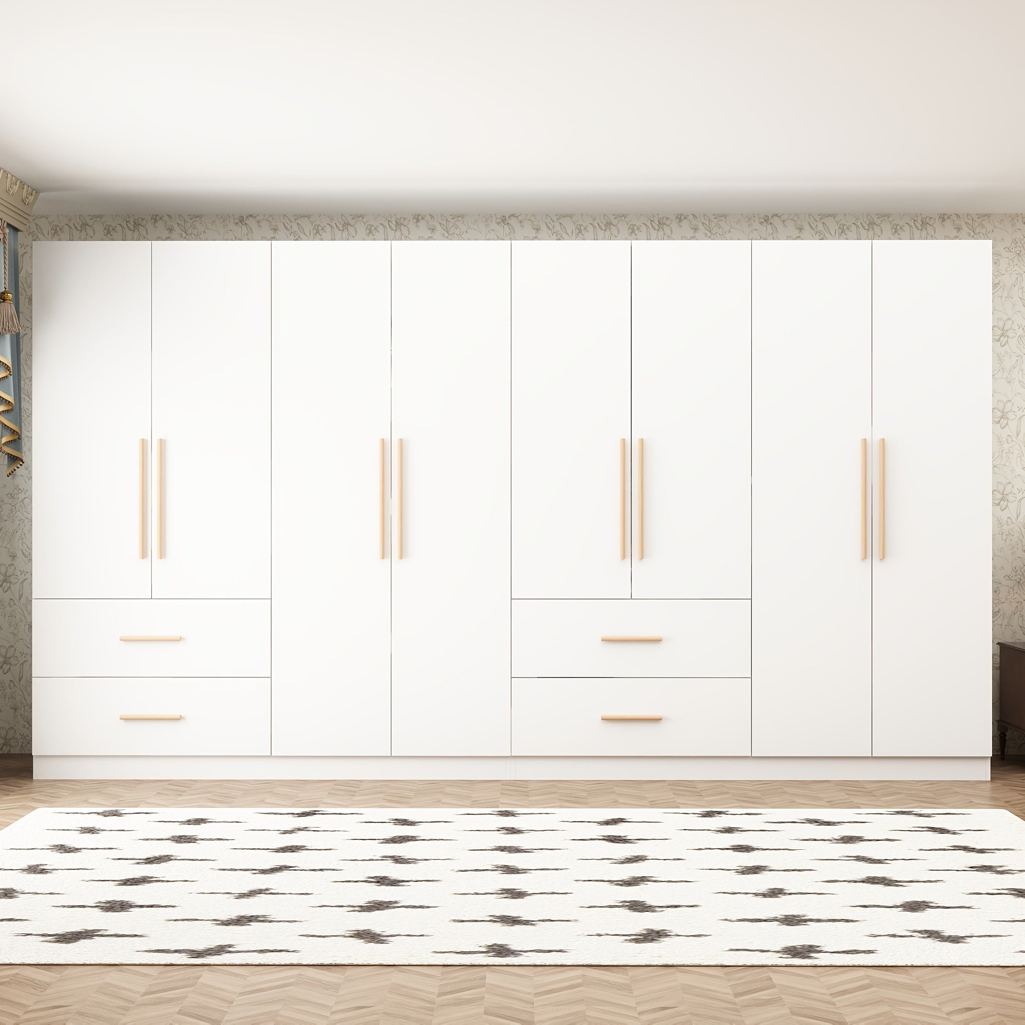 White Wooden Wardrobe with 4 Doors 2 Drawers & 6 Storage Bins - Spacious Closet Organizer for Bedroom Modern Design