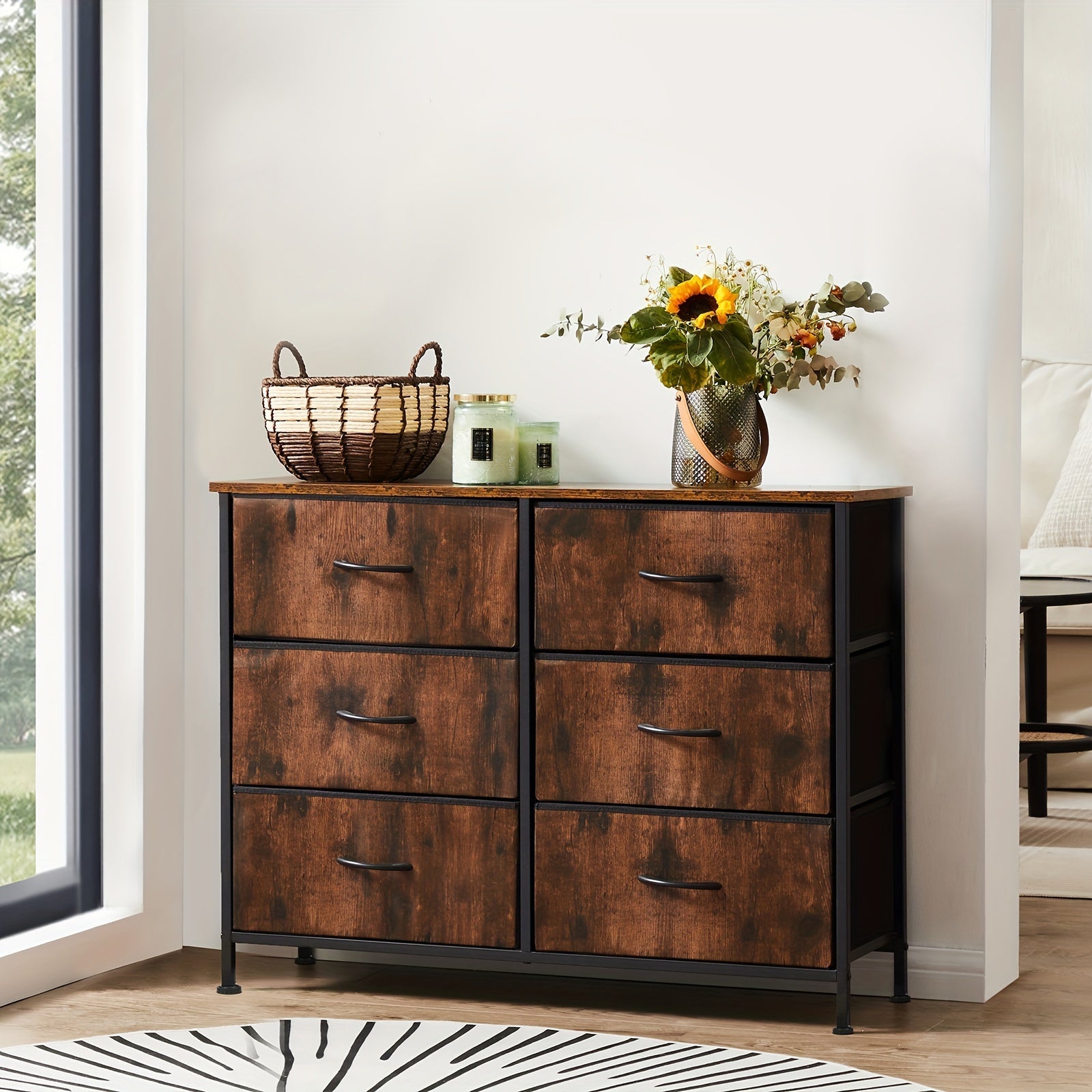 1pc/2pcs 6-Drawer Fabric Storage Tower Dresser Wooden Top TV Stand For 114cm Screen Chest Of Drawers With Fabric Bins