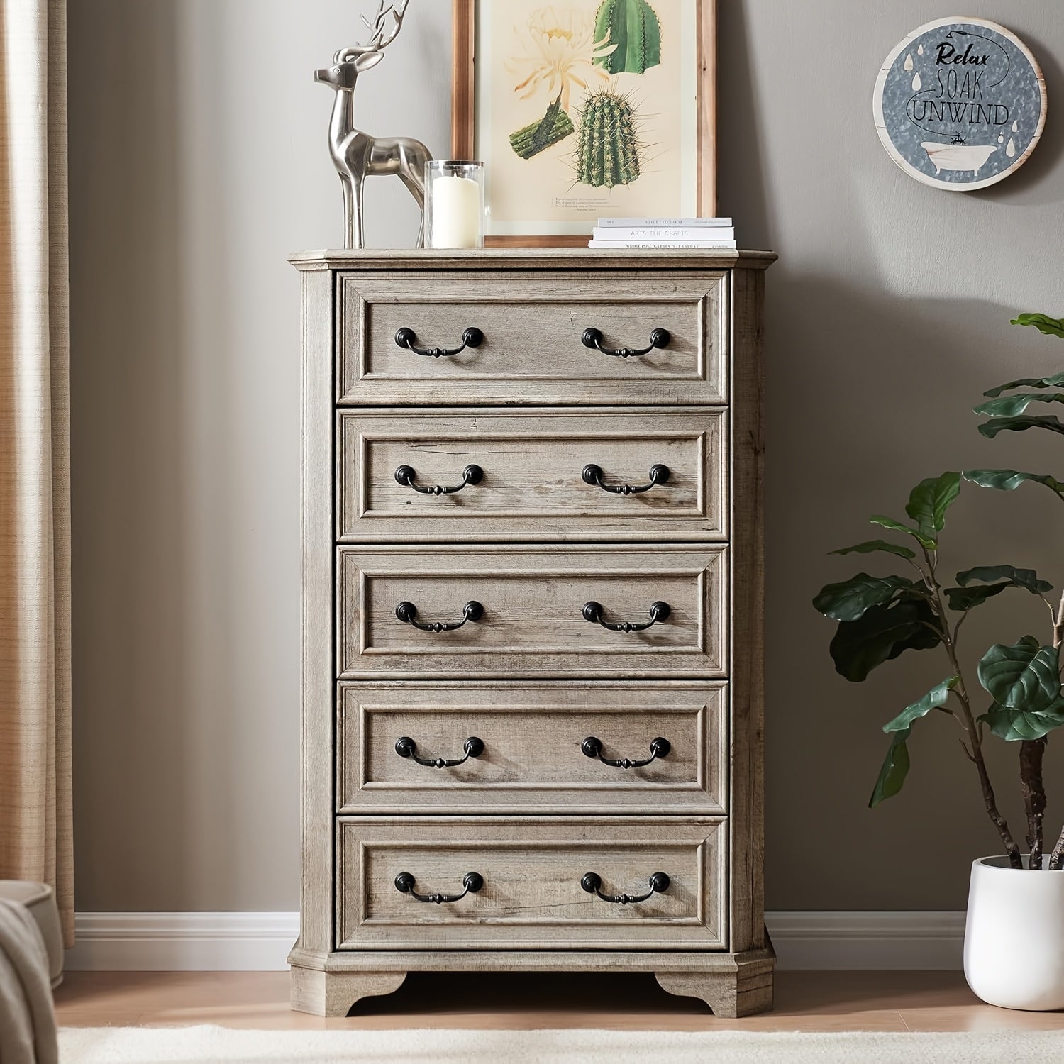 Charming 5-Drawer Farmhouse Dresser in Natural Wood - 48" Tall, Rustic Vintage Design with Beaded Knobs, Spacious Storage for Bedroom & Living Room Essentials, Sturdy & Durable, Easy Assembly