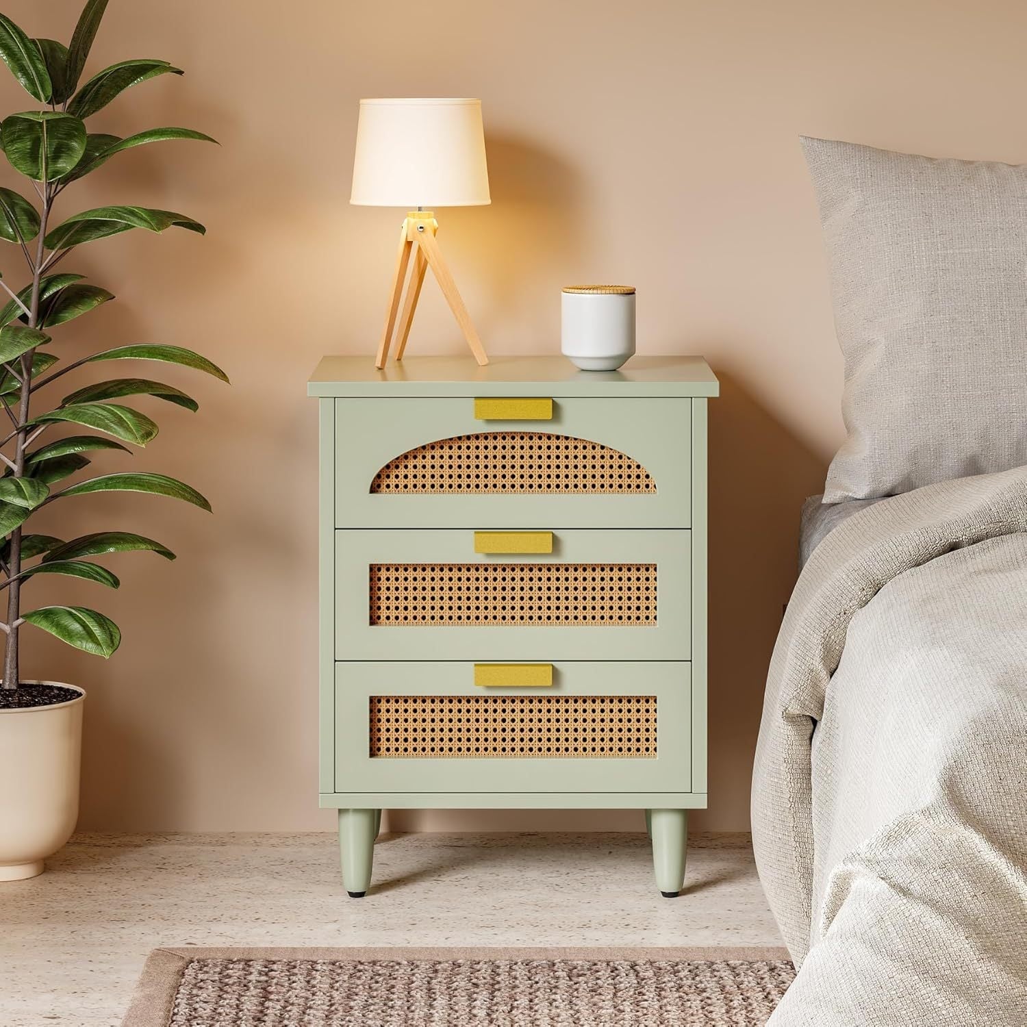 Mint Green Rattan Nightstand with 3 Drawers - Modern Wooden End Table for Living Room and Bedroom Hardwood Storage