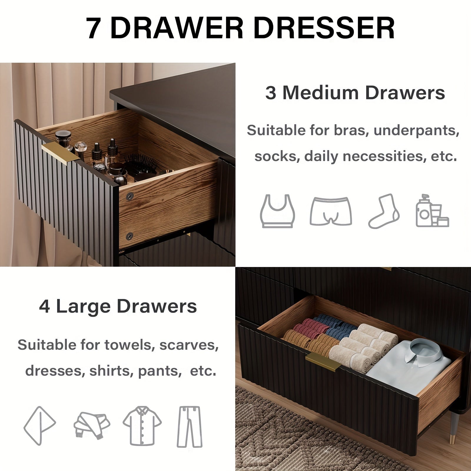 7 Drawer Dresser for Bedroom with Fluted Panel, With Golden Dresser Handles, Modern Chests of Drawers for Hallway, Entryway