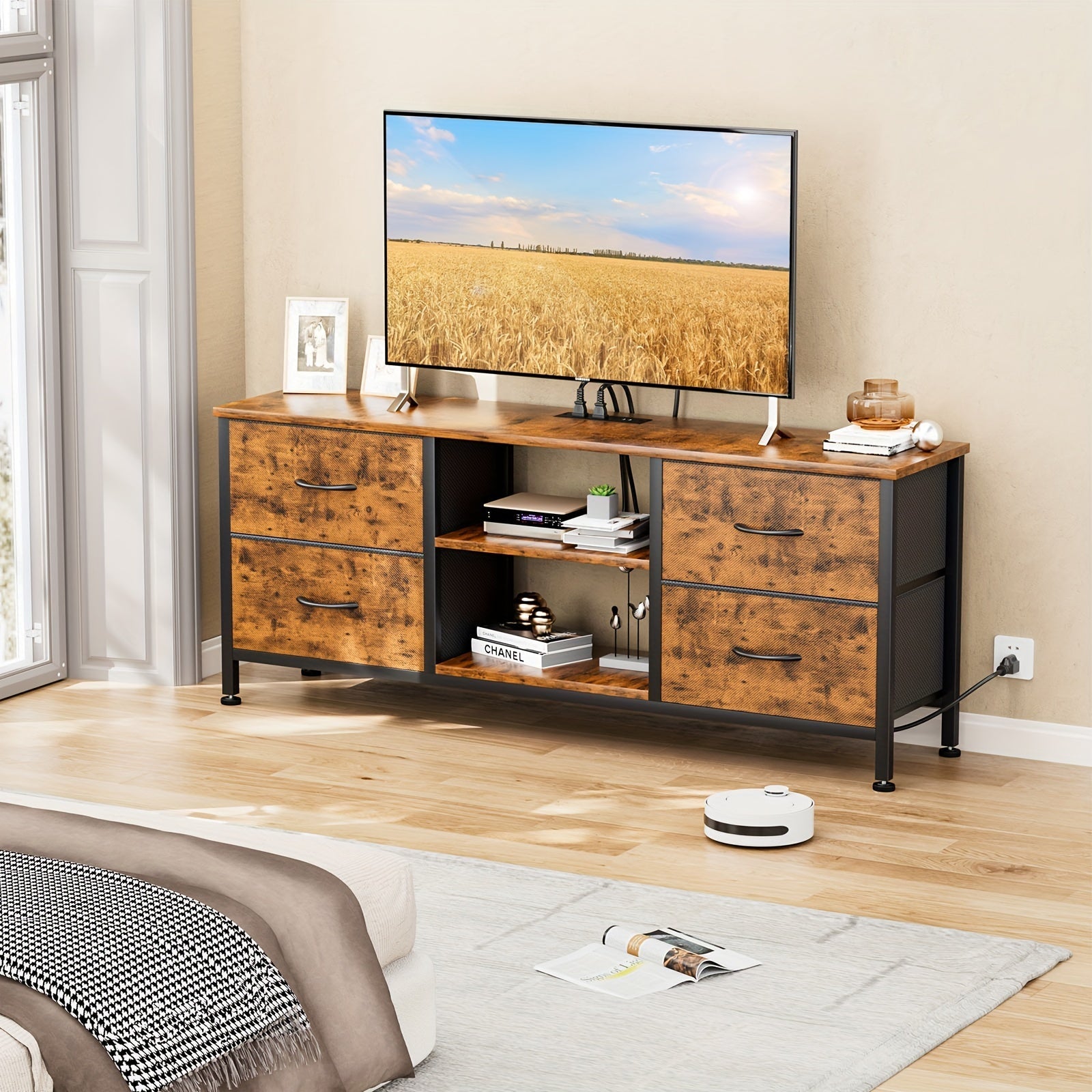 Dresser TV Stand With Power Outlet For 50'' TV, Long Dresser For Bedroom With 4 Fabric Drawers, Wide Console Table For Storage In Closet Living Room Entryway, Wood Top