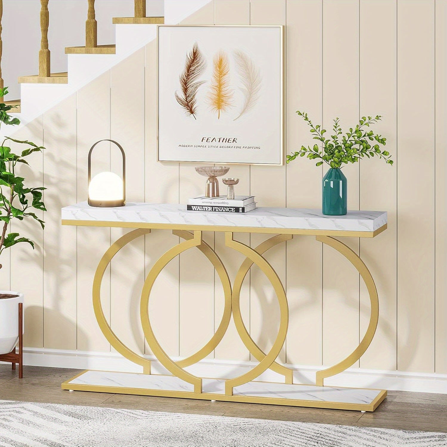 Golden Console Table, 55 inch Faux Marble Entryway Table Narrow Long Sofa Table, Modern Accent Table for Living Room, Entrance Table Geometric Metal Frame