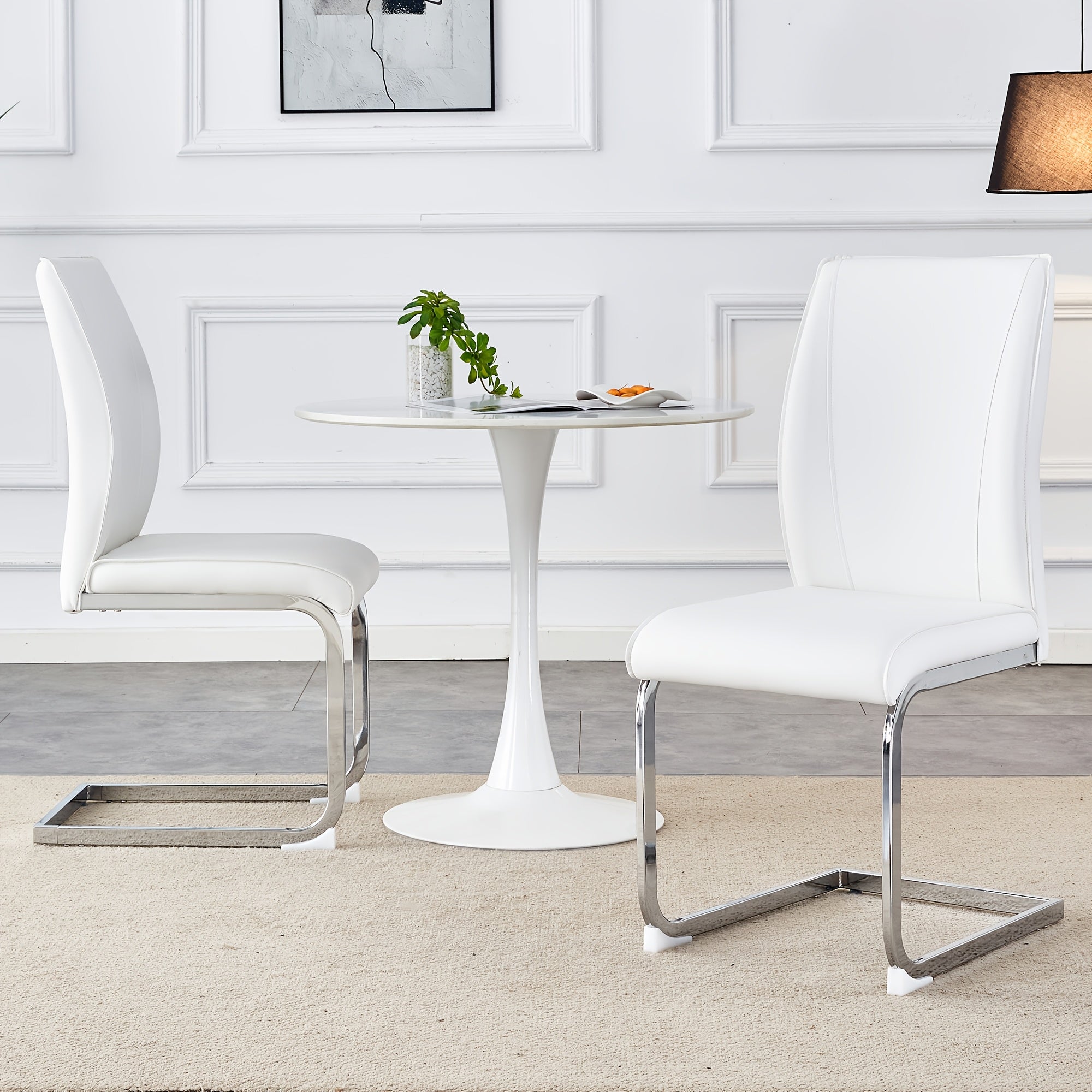 Dining Chairs Set Of 2, White Faux Leather Dining Chairs, Upholstered Kitchen Chairs With High Back, Modern Armless Side Chairs With Sturdy Chrome Plated Metal Legs For Living Room, Easy To Install And Clean, Christmas New Pr