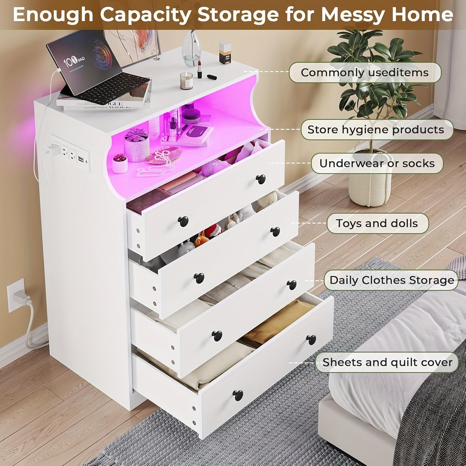 LED Dresser with 4 Large Drawers and Open Space Large Capacity Tall Storage Cabinet. - White - Dresser Westberry