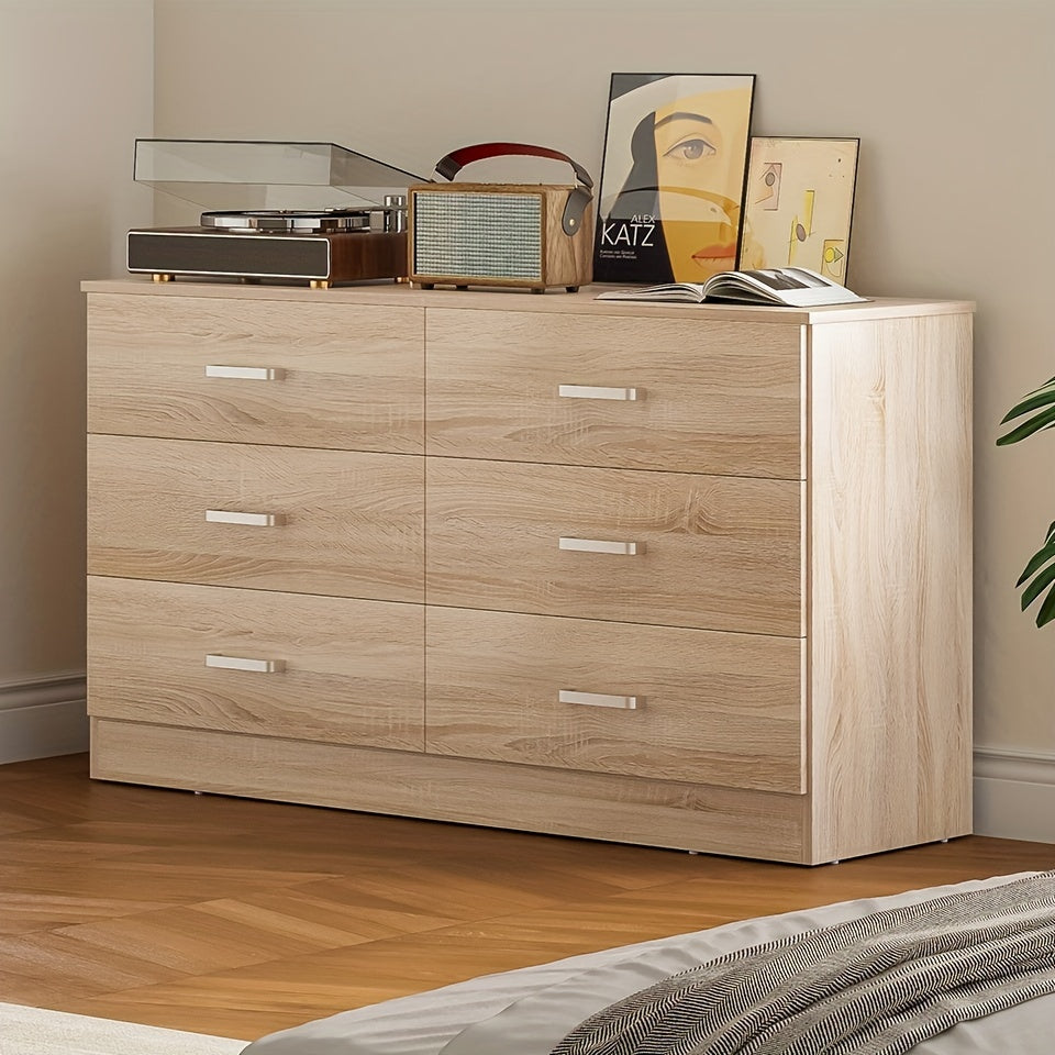 Wood Dresser for Bedroom, 6 Drawer Dresser with Metal Handles, 15.8" D x 47.2" W x 27.7" H, Light Oak