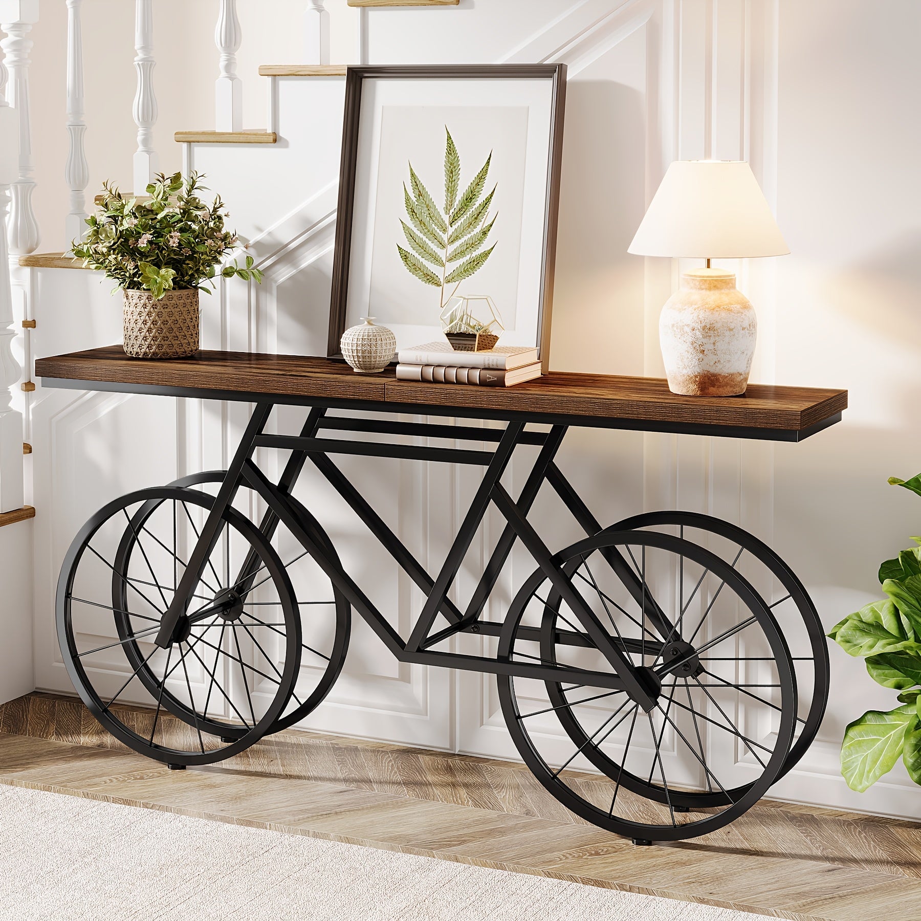 70.9-Inch Farmhouse Extra Long Console Table, Modern Narrow Sofa Table With Bicycle Metal Base, Industrial Entryway Accent Tables Behind Couch Table For Living Room, Bedroom, Hallway, Entrance, Foyer, Rustic Brown, Christmas