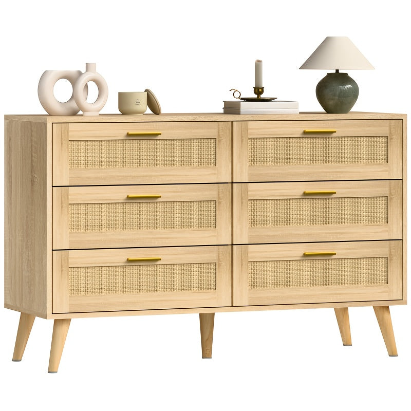 3/6 Drawer Dresser for Bedroom Wooden Rattan Dresser Boho Dresser Modern Storage Chest with Golden Handles Beside Table