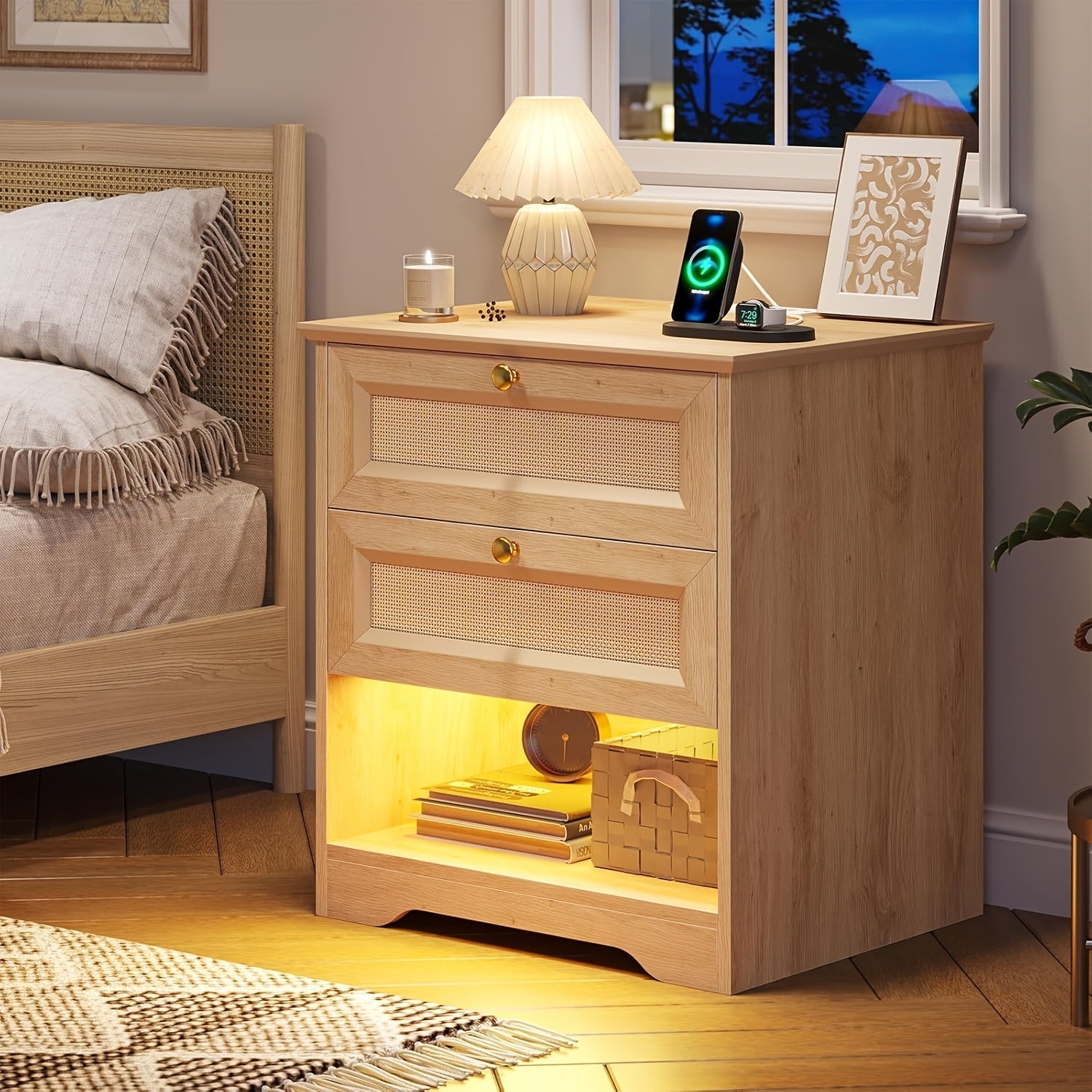 Rattan Nightstand with 2 Drawers, Open Storage Cubby and LED Lights, Bedside Table for Bedroom