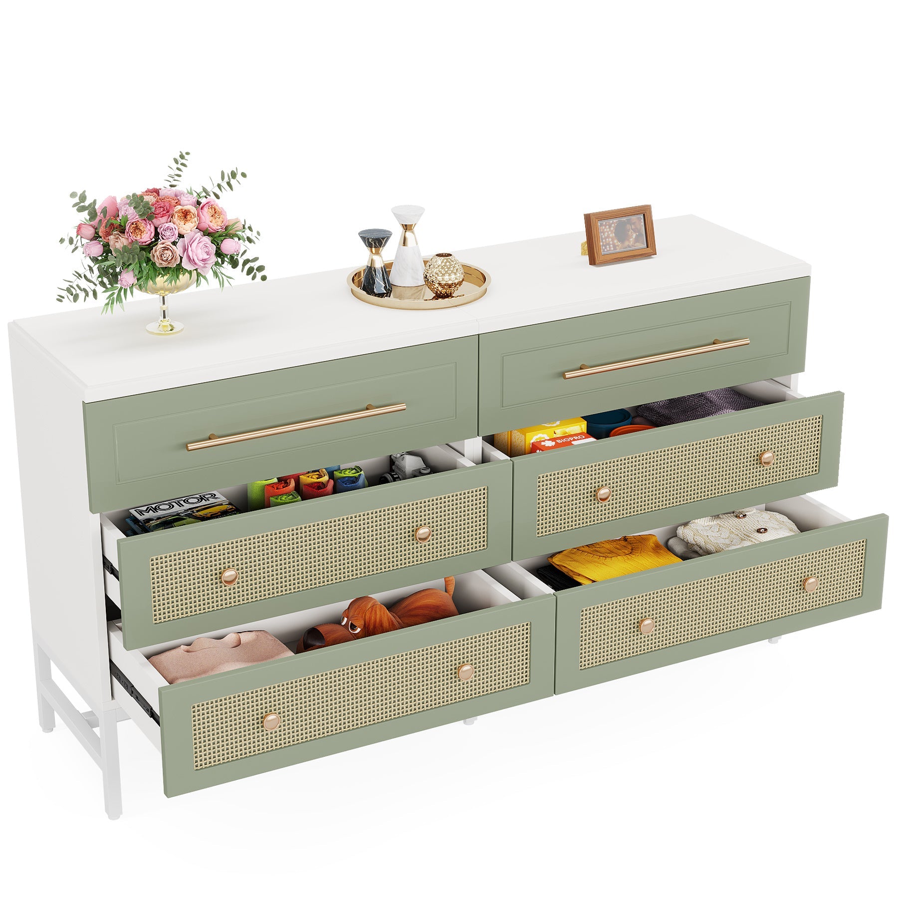 6 Drawer Dresser, Modern Rattan Dresser for Bedroom, Drawer Cabinet Storage Drawers, 55" Long Double Dresser Wood Storage Organizer Chest of Drawers for Closet Living Room, White and Green, for Living Room, Entrywa