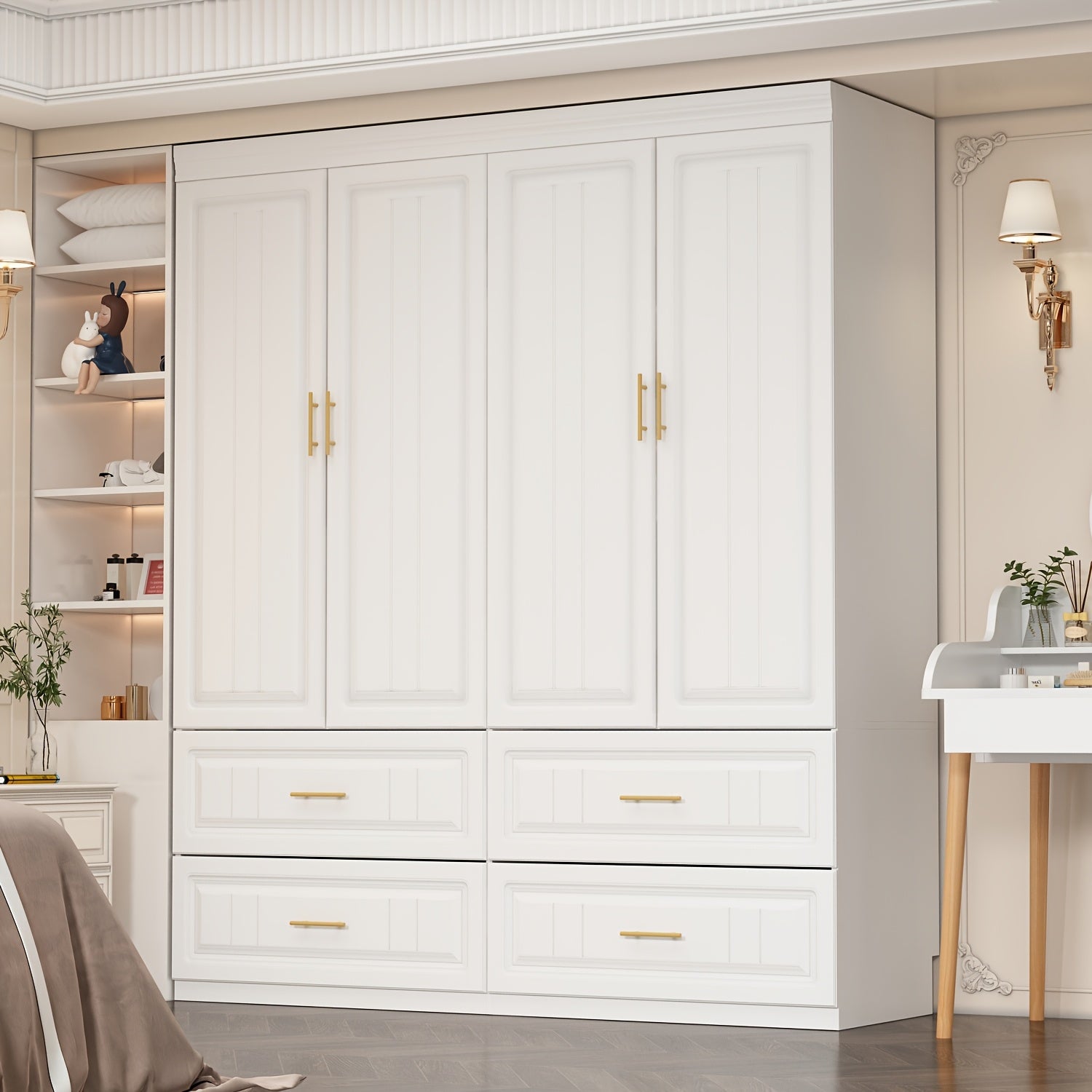 Spacious Modern White Armoire Combo Wardrobe - Large Storage Capacity with Hanging Rod, 5 Compartments & 4 Drawers, Durable Engineered Particle Board, Elegant Golden Handles, for Bedroom & Dorm, Clothe