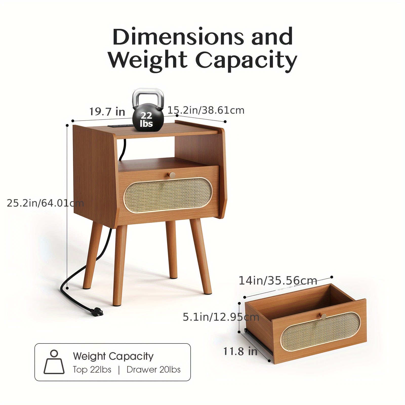 Nightstands Set Of 2 Mid Century Modern Nightstand With Charging Station Rattan Side Table With Drawer End Table
