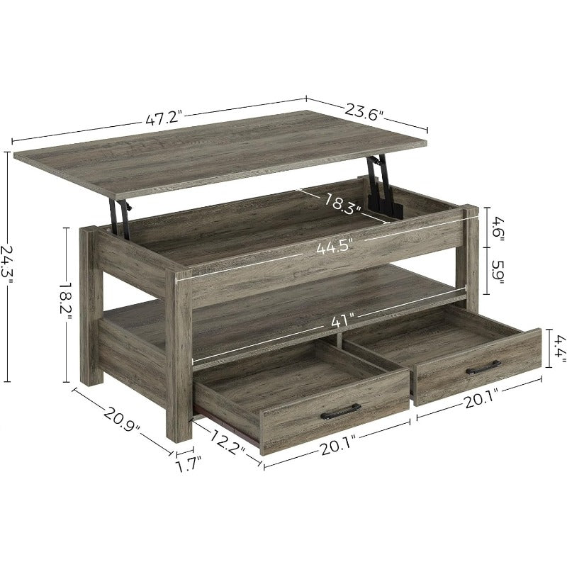 Coffee Table, 120cm Lift Top Coffee Table with Drawers and Hidden Compartment, Retro Central Table with Wooden Lift Tabletop, for Living Room