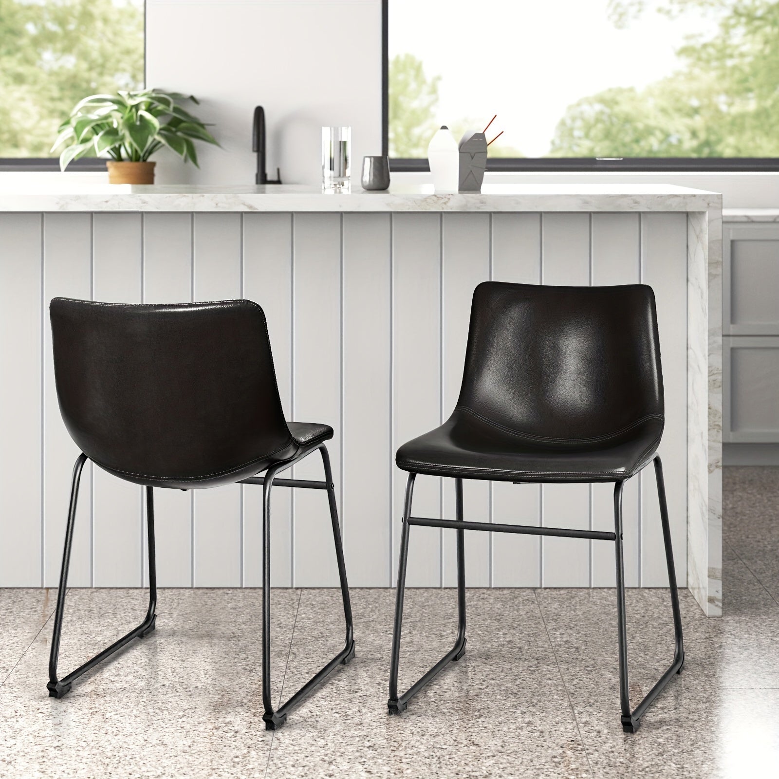 Faux Leather Dining Chairs Set of 2, 18 Inch Kitchen & Dining Room Chairs, Mid Century Modern Dining Chairs with Backrest and Metal Legs, Comfortable Upholstered Seat Chairs