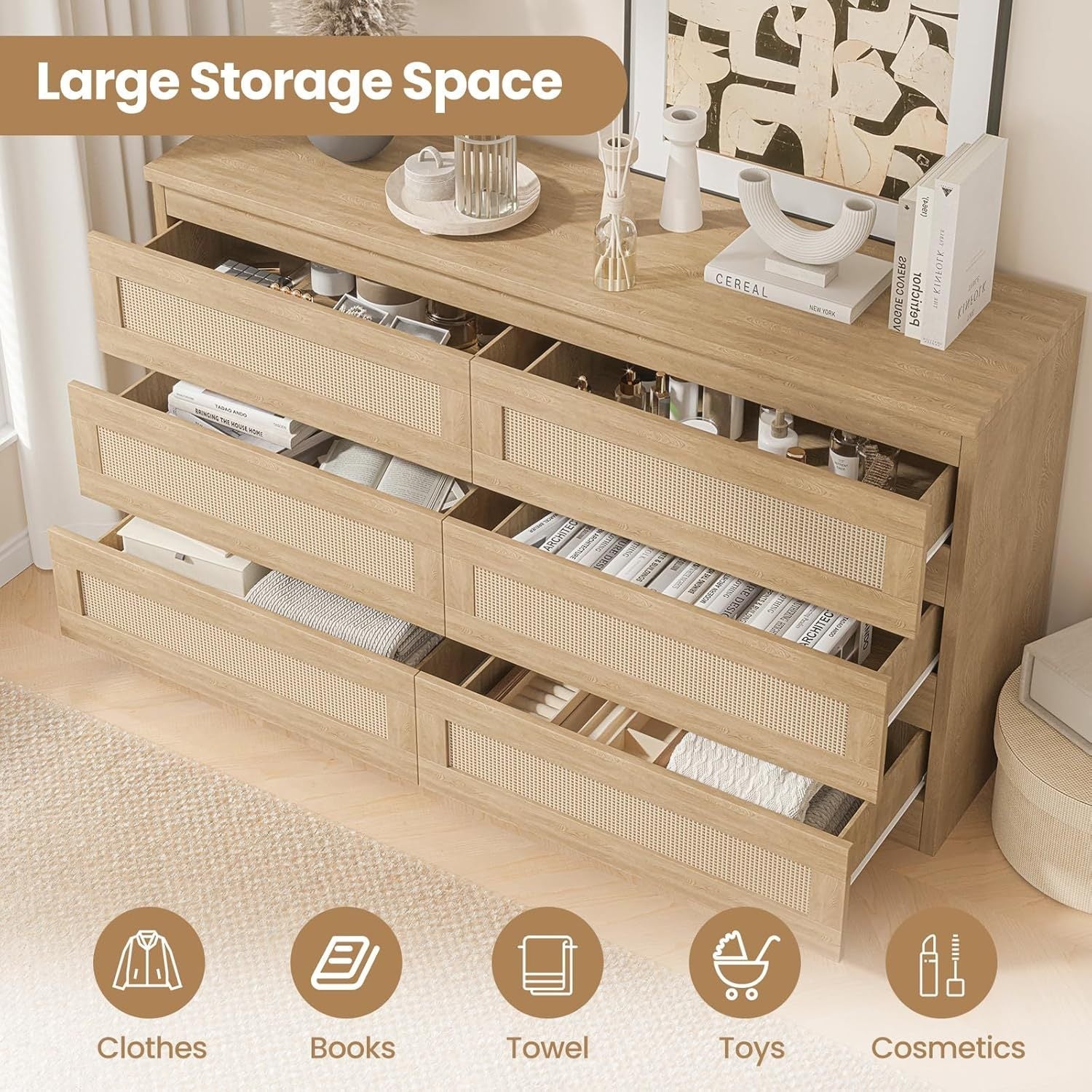Rattan Dresser for Bedroom 6 Drawer Double Dresser for Bedroom with Smooth Mental Slide Modern Wood Chest of Drawers