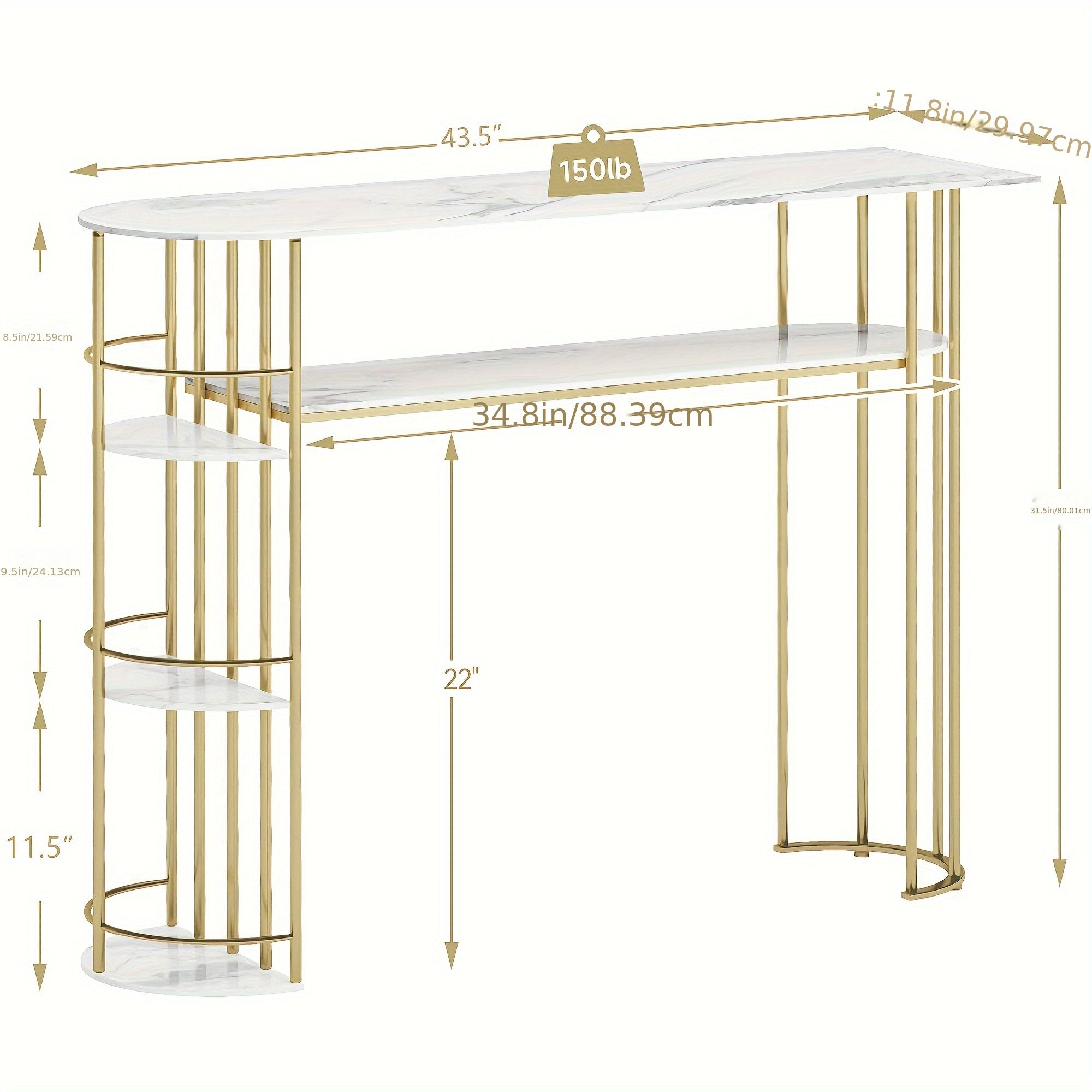 Gold Console Table, Narrow Entryway Table With Storage And Shelves, 43.5" Behind Couch Table For Living Room, Foyer, Or Bedroom