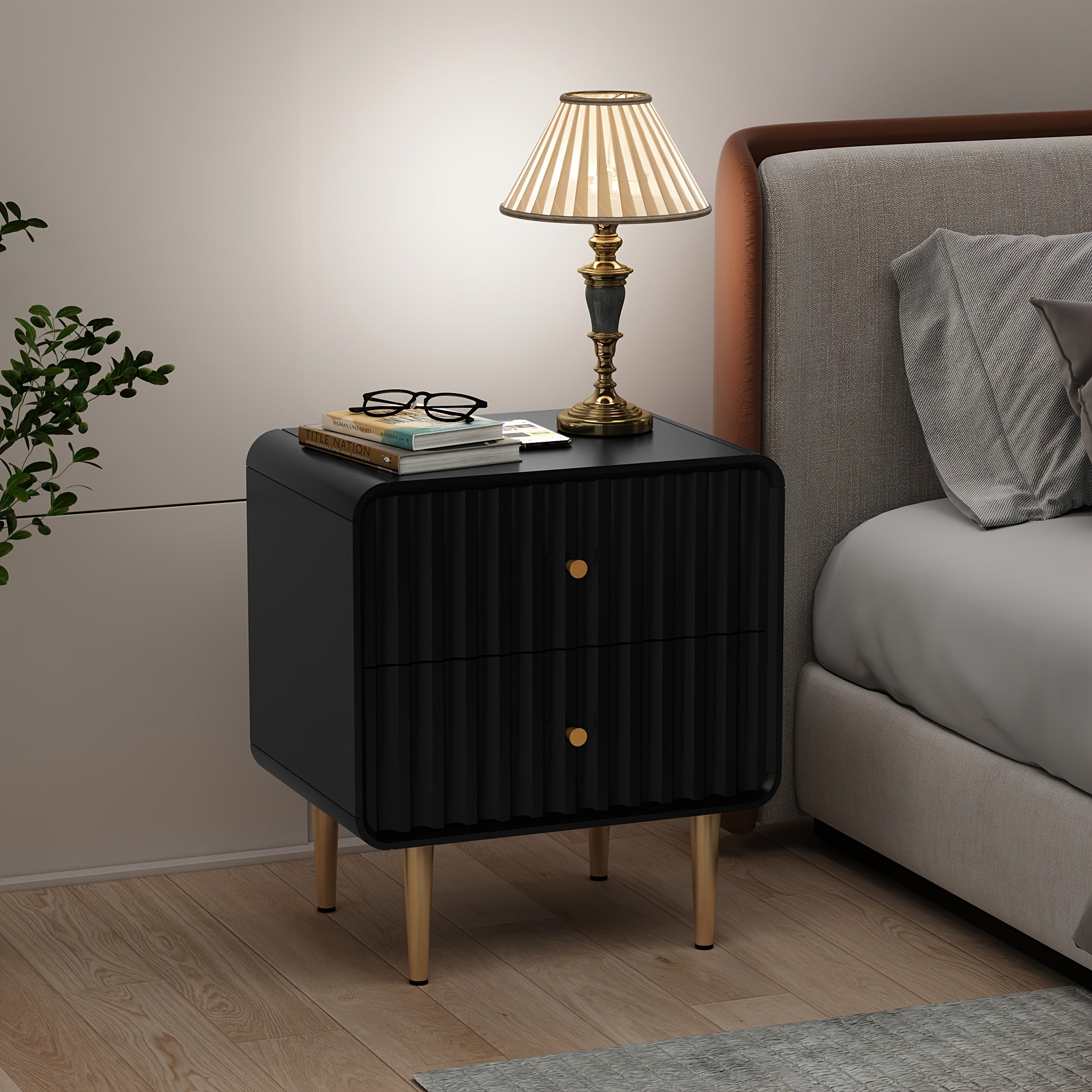 Modern Nightstand, Fluted BedSide Table With 2 Drawers Storage, Wood End Table With Golden Metal Handle, Night Stands For Bedroom, 1pc/2pcs