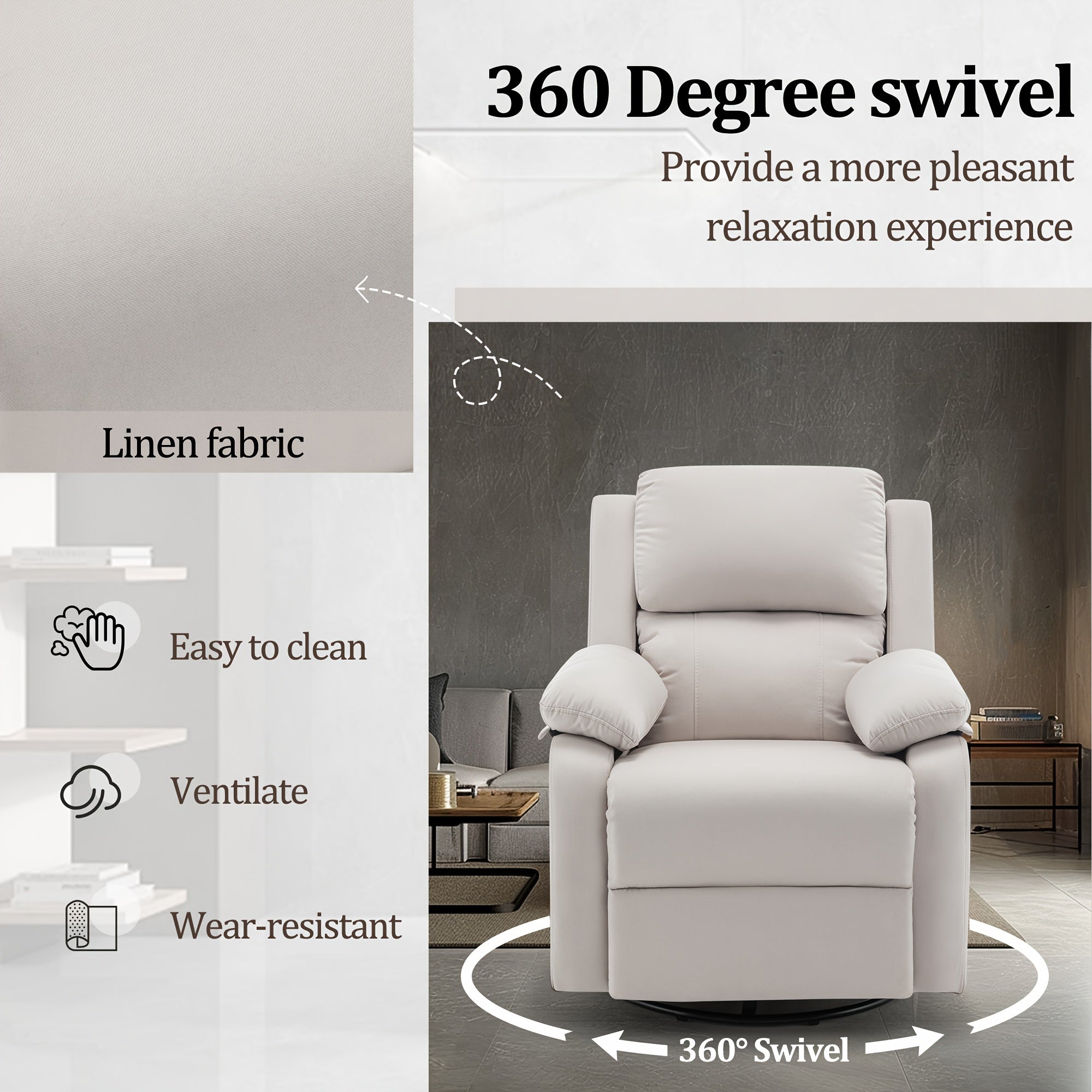 Recliner Chair, 360° Rocking Chair, Small Rocking Recliner Chair For Small Spaces, Upholstered Fabric Chair With Side Pocket