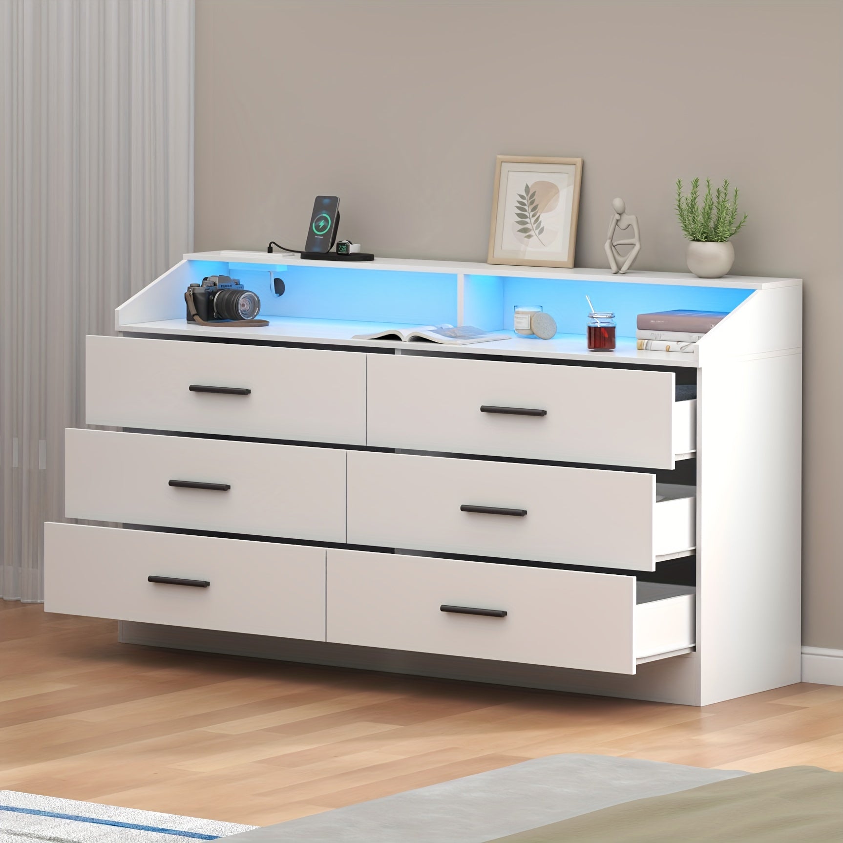 White/Black Dresser For Bedroom With 6 Drawers Modern Dresser With Power Outlet Chest Of Drawers For Closet Drawer