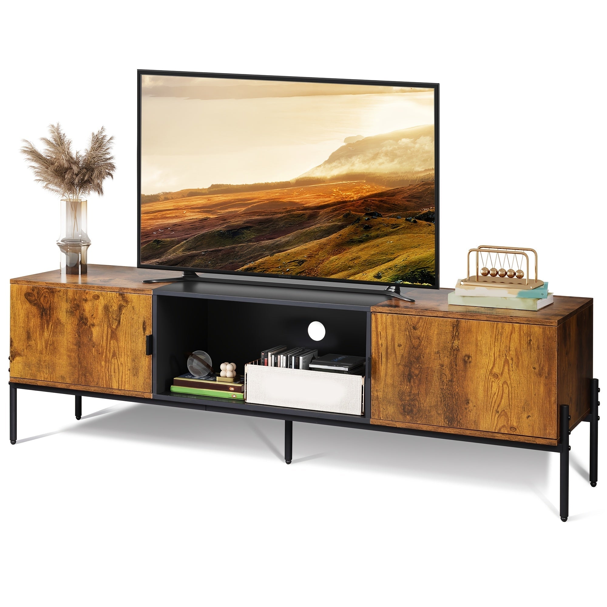 Modern TV Stand For 65 Inch TV, Mid Century Entertainment Center With Storage, TV Console With Open Shelf And 2 Cabinets For Bedroom And Living Room, TV Cabinet With Metal Legs