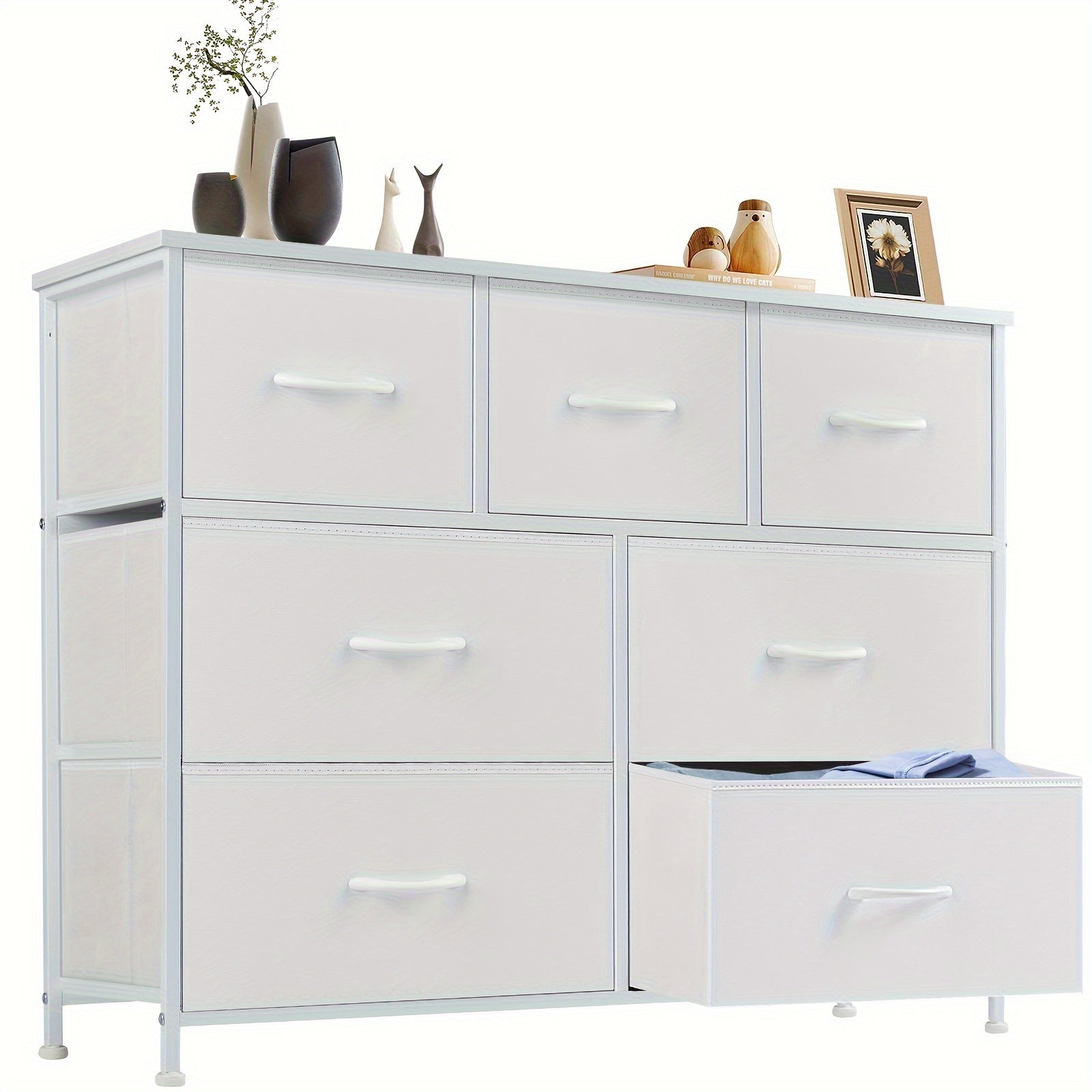 Dresser For Bedroom, Storage Organizer Units Furniture With 7 Drawers, Wooden Top For Nursery, Chest Tower TV Stand With Fabric Bins, Metal Frame, Living Room, Kidsroom, Closet