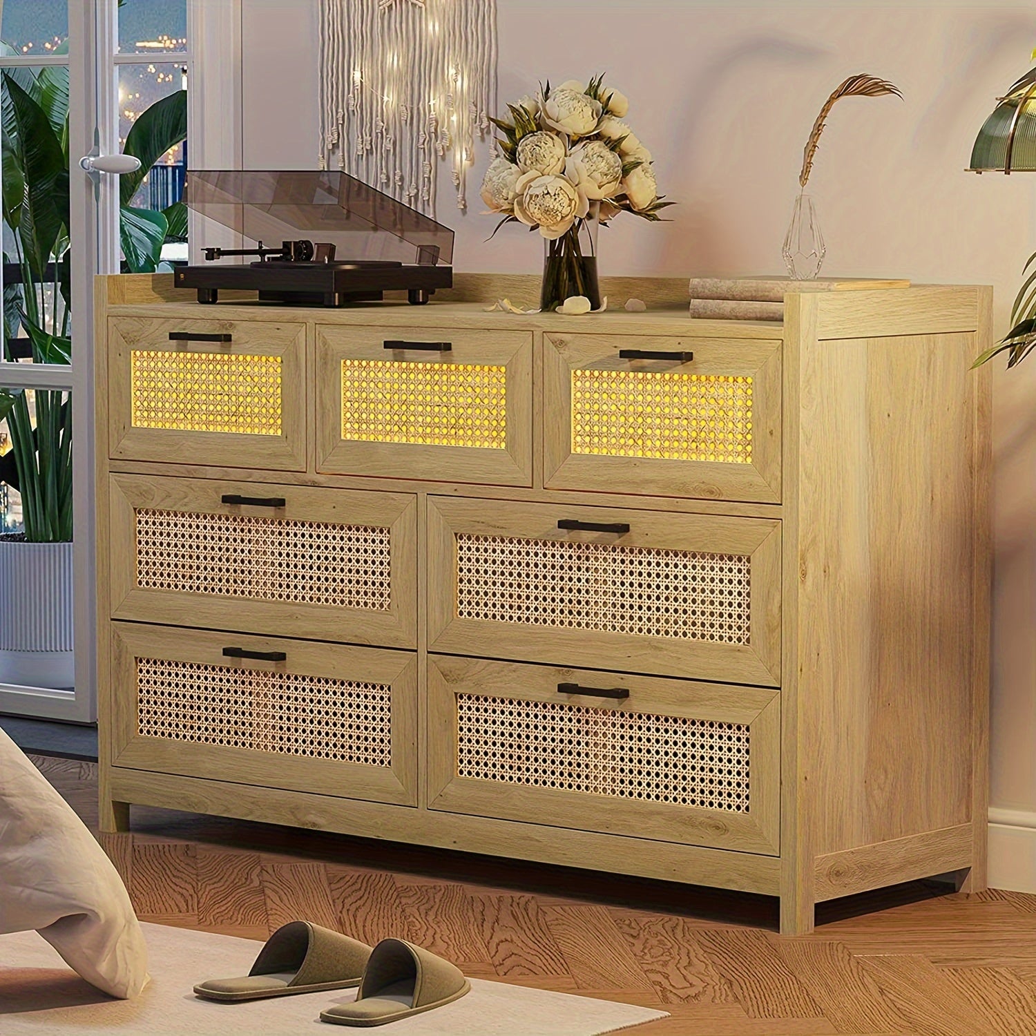 Natural Rattan 7 Drawer Dresser With LED Lights Chests Of Drawers For Bedroom, Hallway, Entryway