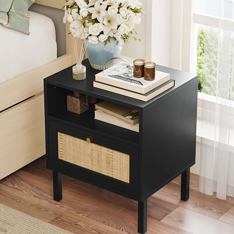 Rattan Single Door Nightstand (Set Of 2) Black, Nightstand With Open Shelves And Doors, Bohemian End Table, Storage Drawer Units