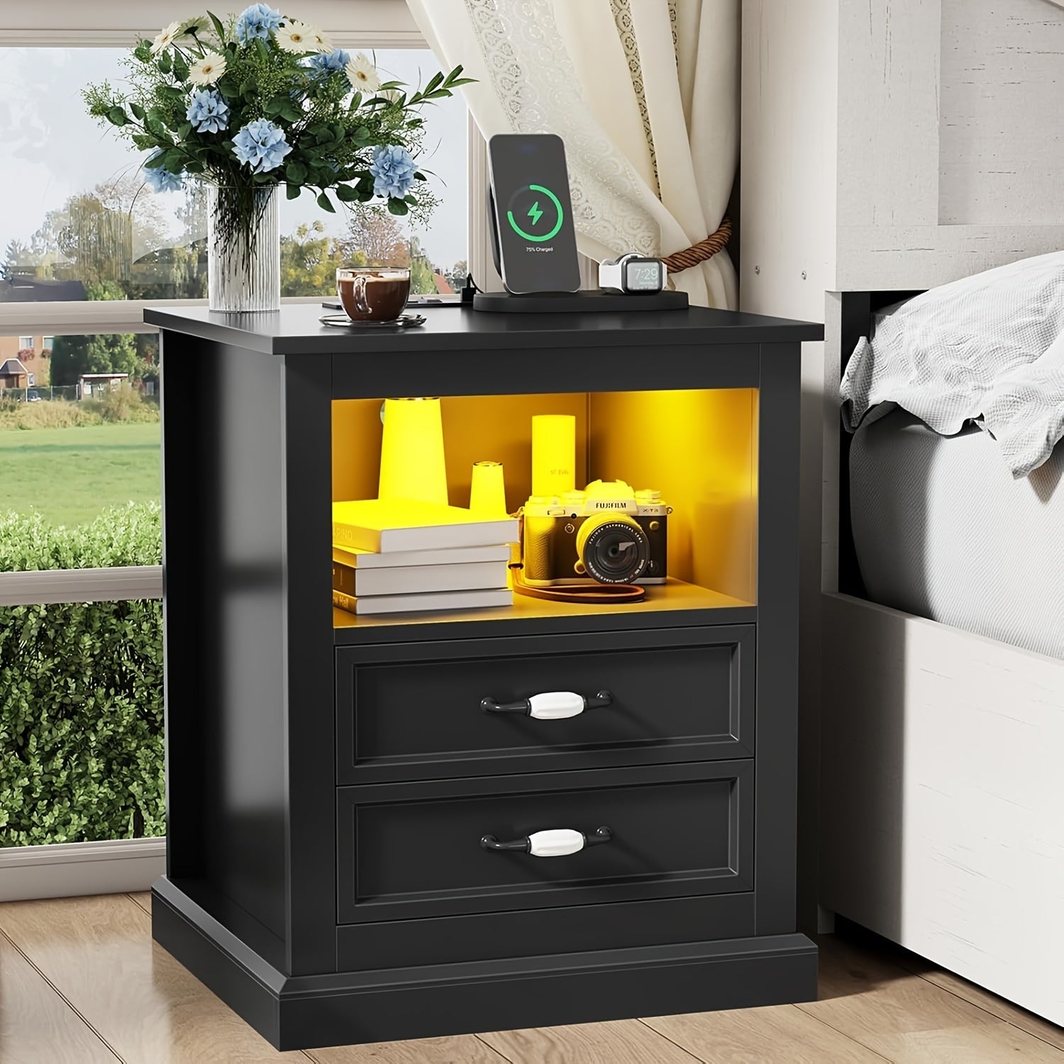 Black Rustic Nightstand with LED Lighting - 2-Tier Wooden Side Table with Storage Drawers, 27" Tall, Hardwood Finish, Metal Frame, 110-130V Plug-In Power Outlet, Ideal for Bedroom & Living Room Decor