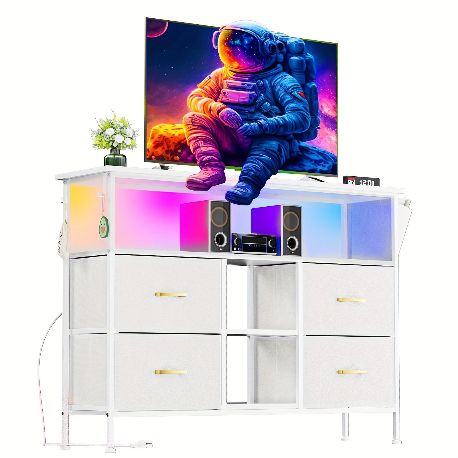 TV Stand Dresser With Built-in Power Outlet For 50-inch TVs, White LED-Lit TV Console, Storage Cabinet With 4 Spacious Drawers, Comprehensive Entertainment Center & Wide Drawer Chest For Bedroom Storage