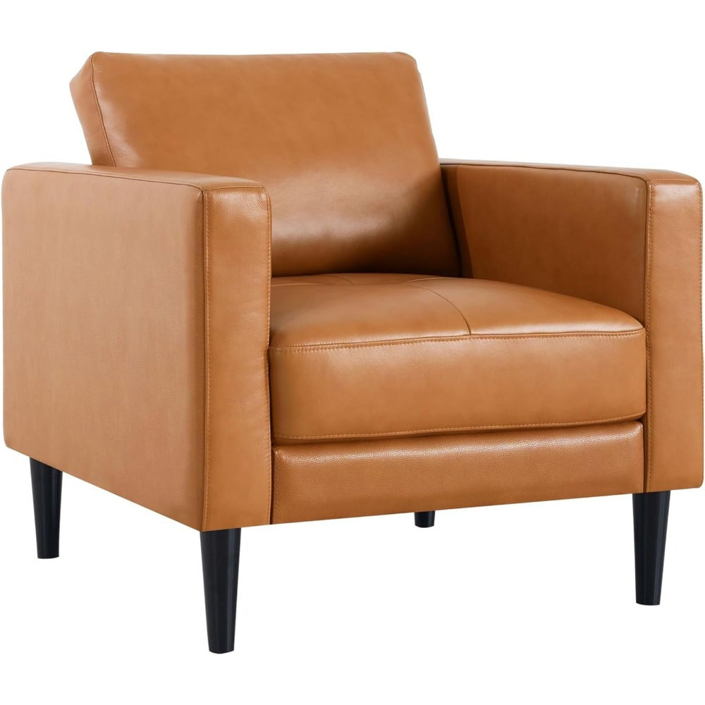 Modern Mid-Century Faux Leather Accent Armchair - Comfy Single Sofa Chair for Living Room, Bedroom Reading Nook, Solid Hardwood Frame