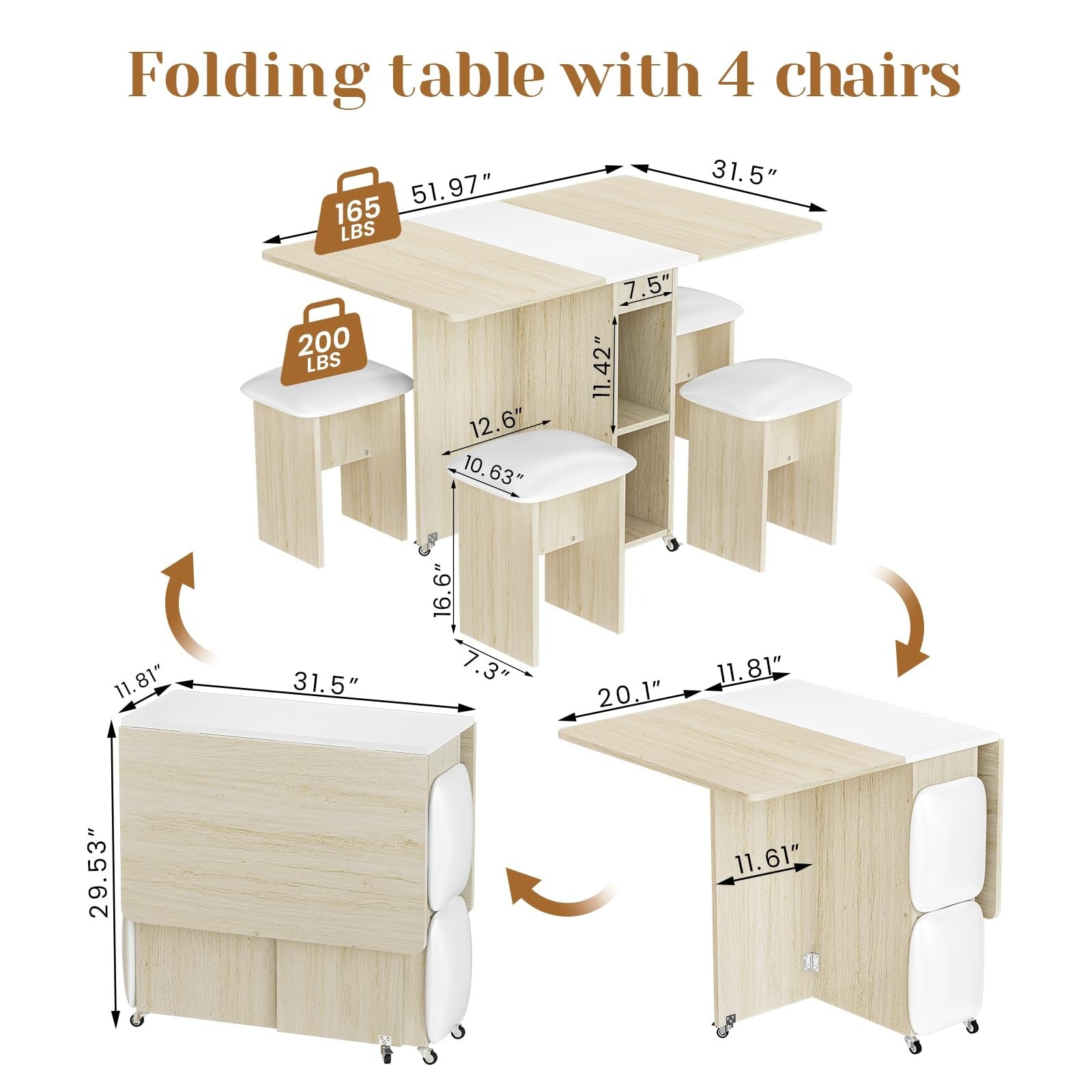 Space-Saving Foldable Dining Table Set for 4 People with 4 Chairs and Practical Shelves, Foldable Design with 6 Wheels, Perfect for Small Space Kitchens Furniture for Home