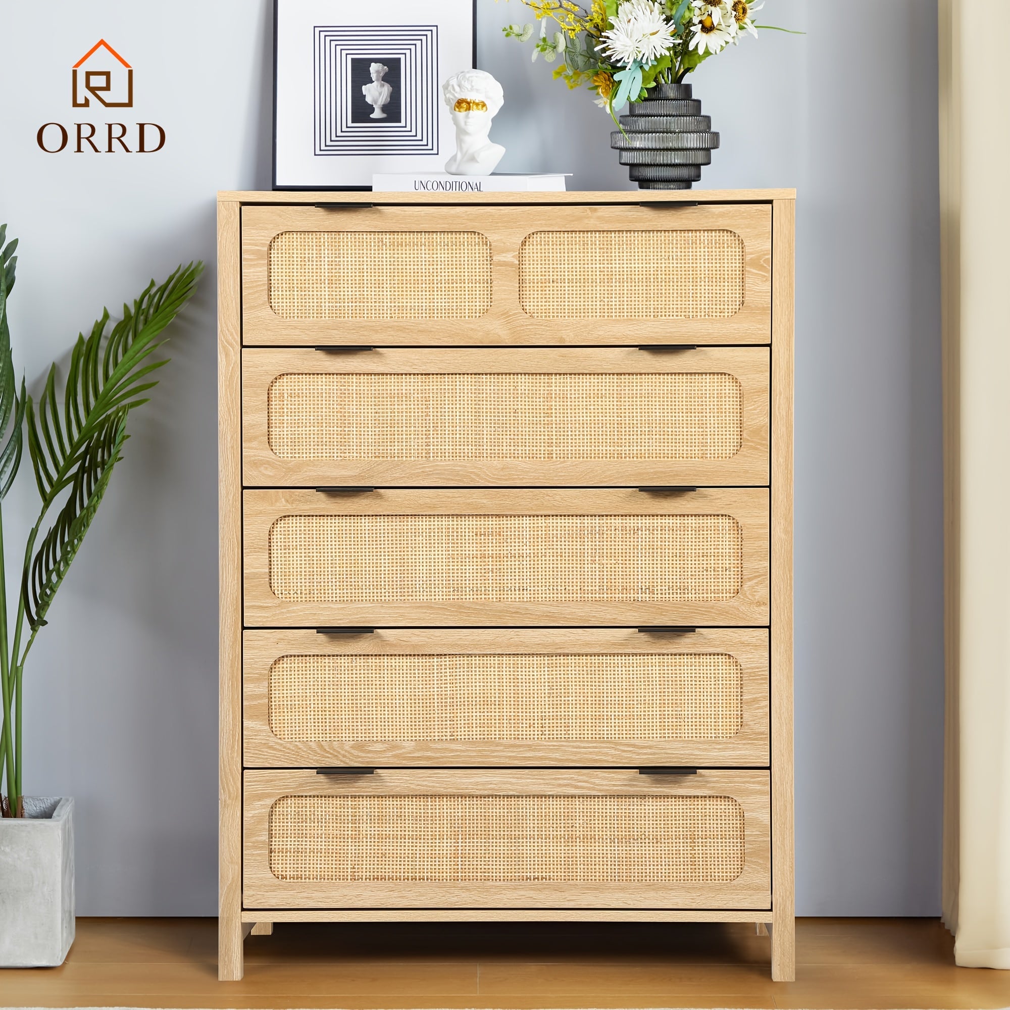 5 Drawer Dresser For Bedroom Wide Chest Of Drawers With Storage Rattan Nightstand Cabinet Dresser For Bedroom Hallway