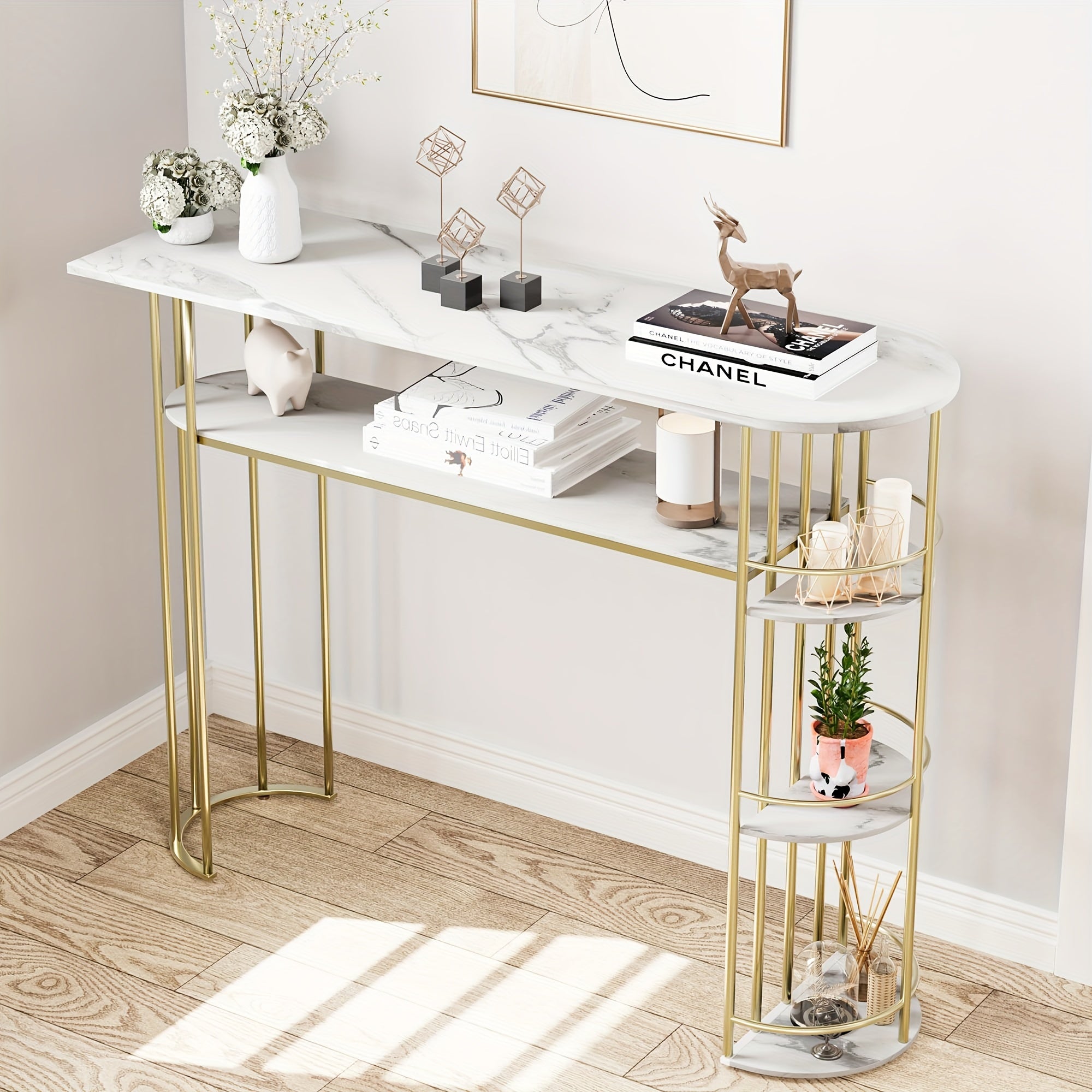 Gold Console Table, Narrow Entryway Table With Storage And Shelves, 43.5" Behind Couch Table For Living Room, Foyer, Or Bedroom