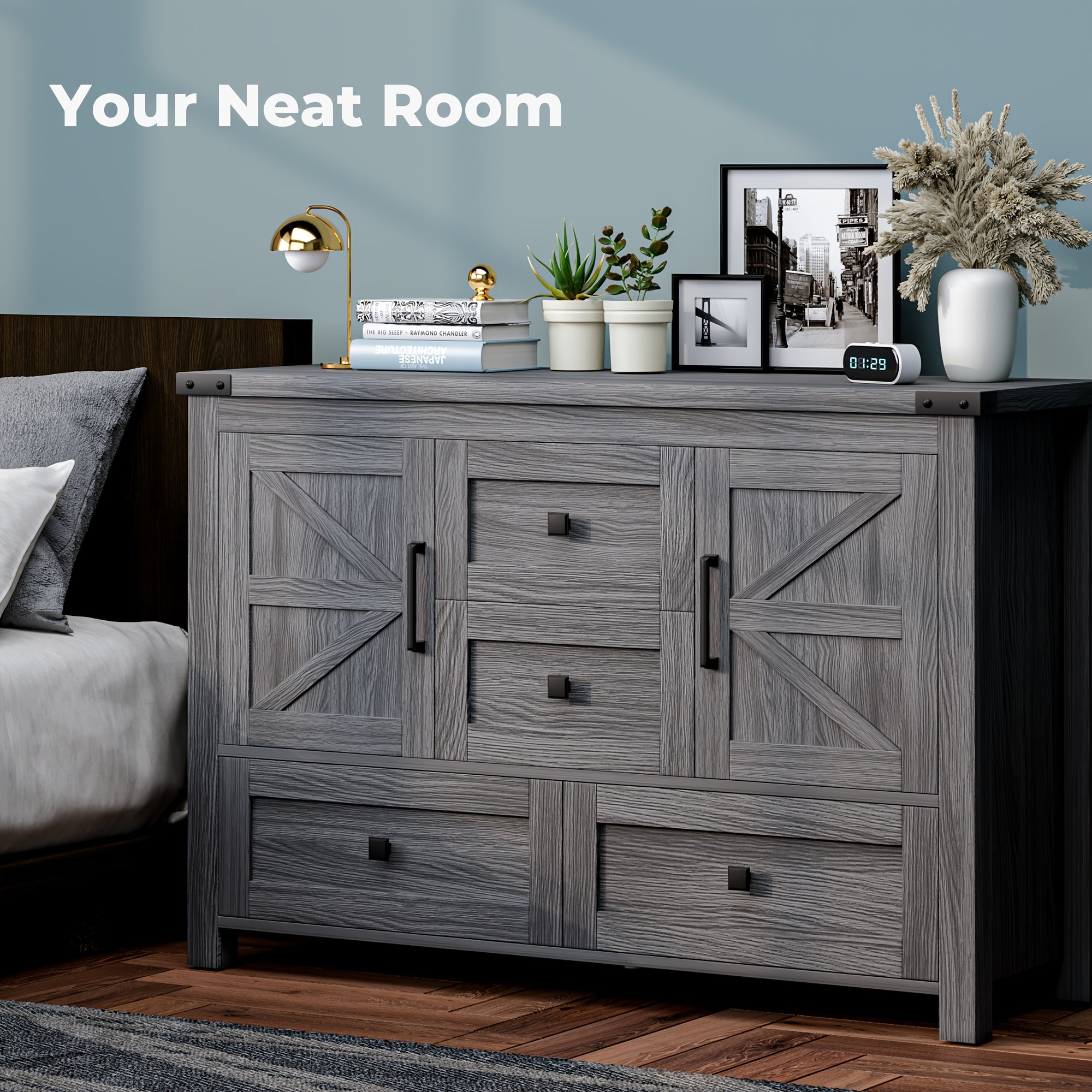 Rustic Farmhouse Dresser with 4 Drawers & 2 Barn Doors - Modern Grey Wood Chest of Drawers for Living Room, Bedroom Storage