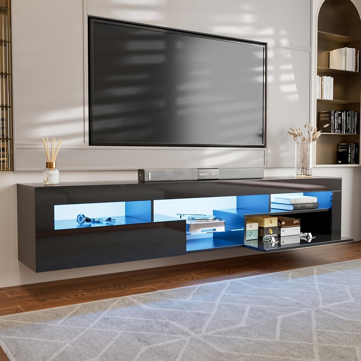 LED Floating TV Stand for 85+ Inch TV, Black High Glossy Wall Mounted Haning TV Stand with 2 Cabinets, Modern Floating Entertainment Center Console Shelf for Living Room, Bedroom - Black