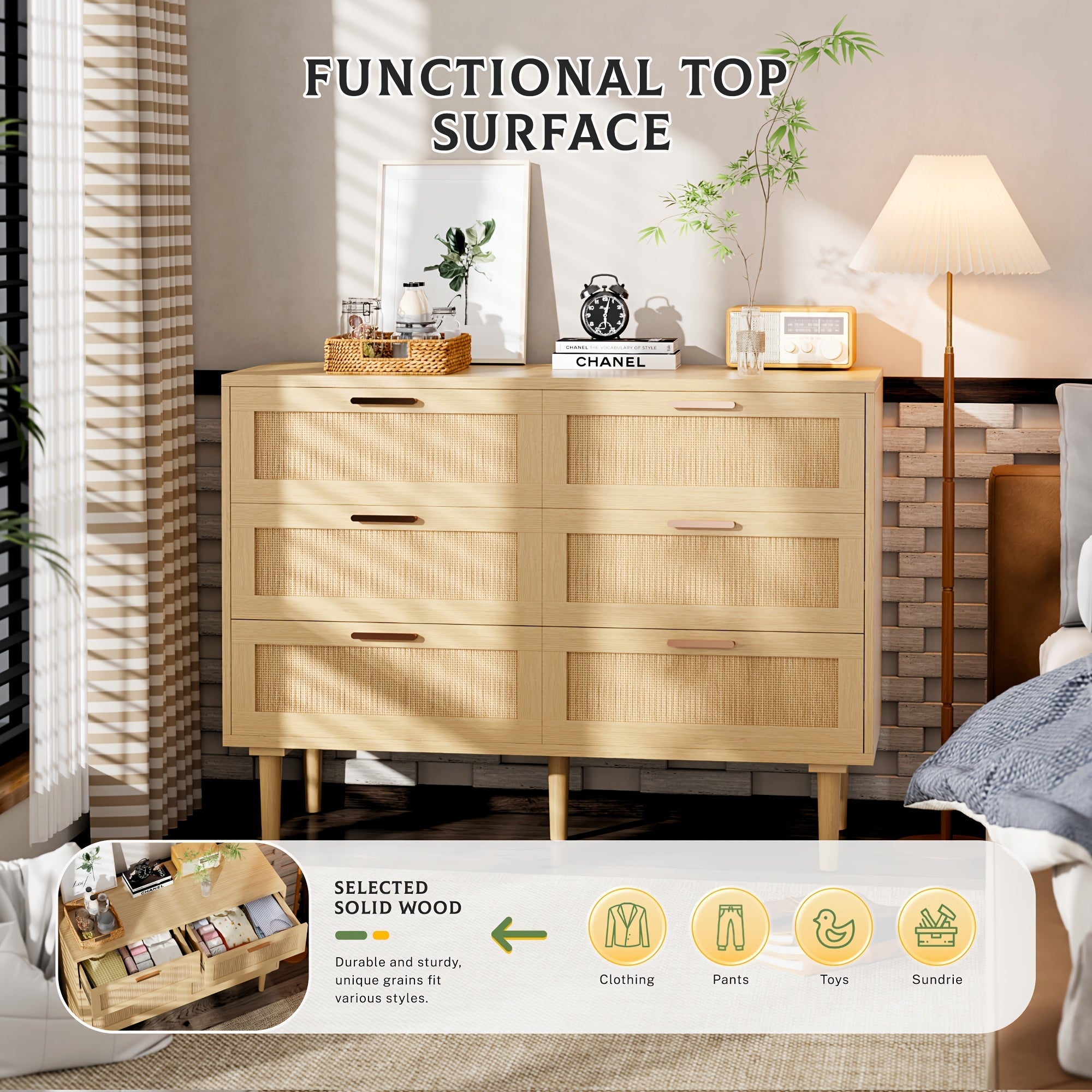 6 Drawer Dresser Modern Wooden 6 Drawer Dresser Rattan Dresser with Golden Handles for Bedroom Rattan Storage Chest