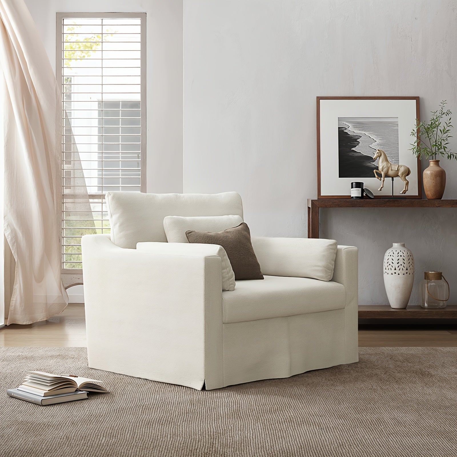 Elegant Modern Oversized Accent Chair, 42" Wide - White Slipcover Sofa with 3 Accent Pillows, Deep-Seated Armchair with Pocket Spring Cushion, Slanted Arms - Ideal for Living Room Elegance, Living Room Furniture