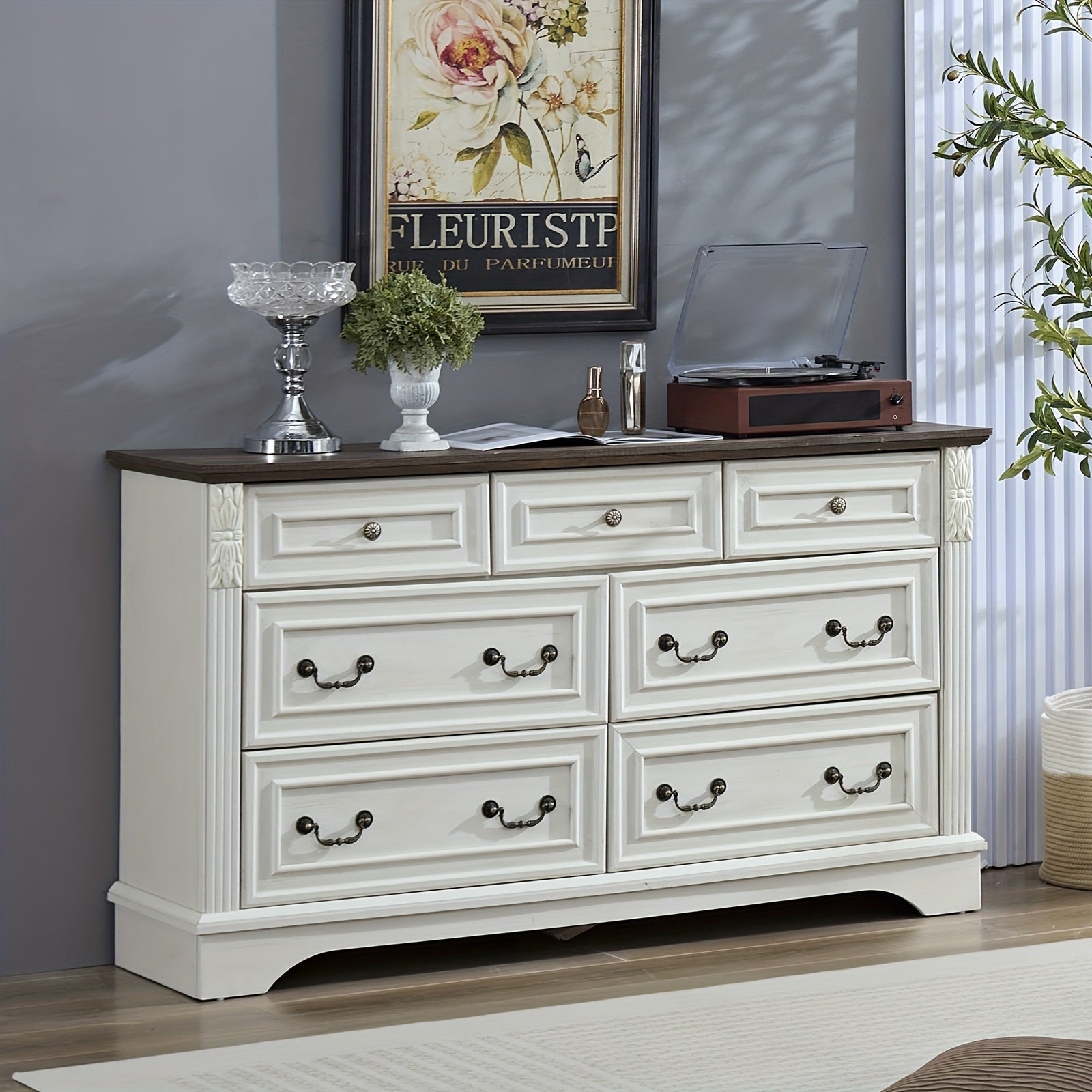 Rustic Beige Wooden Dresser with Drawers - High-Capacity Storage Cabinet for Bedroom & Living Room Freestanding 27’’