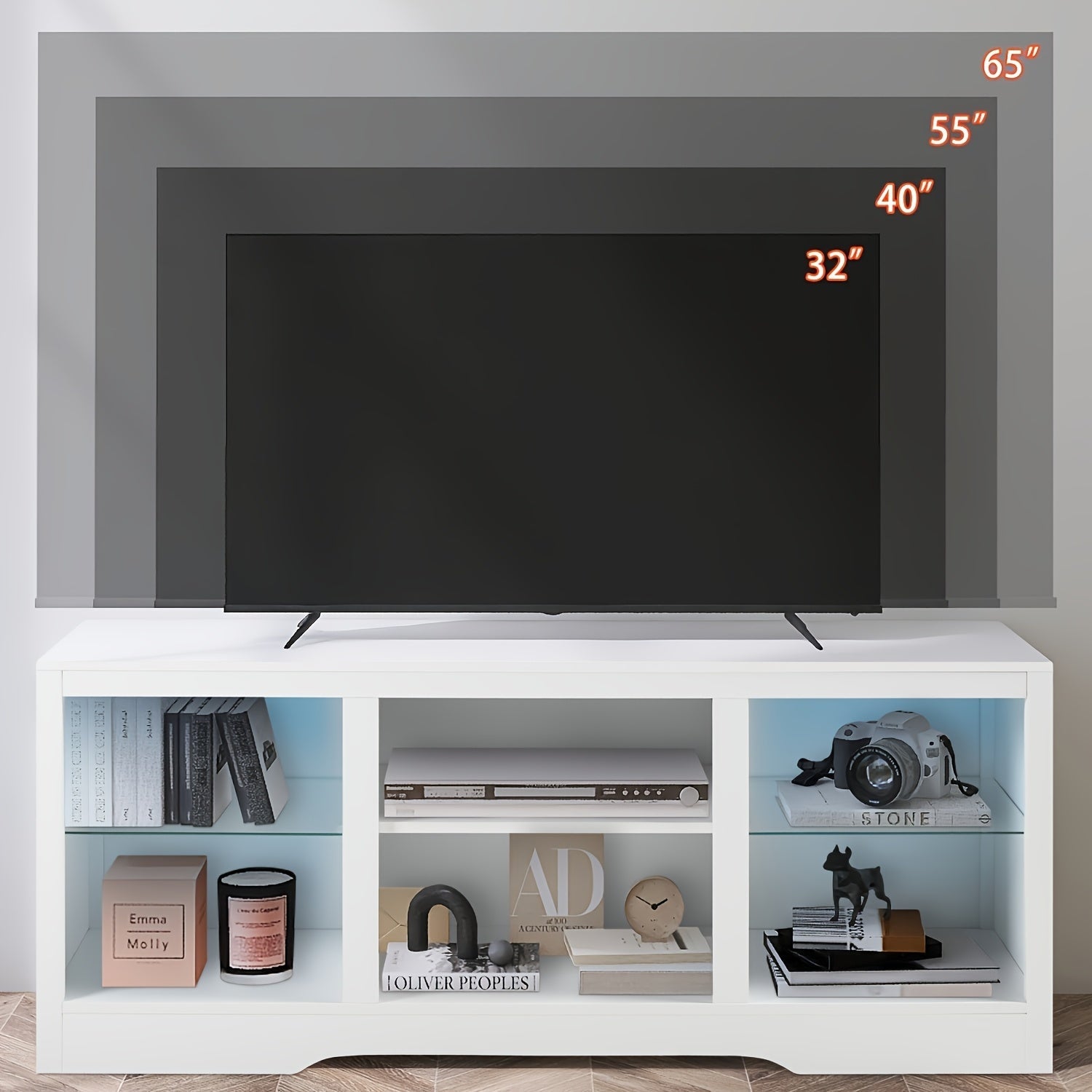 58" Modern White TV Stand with LED Lights - Media Entertainment Center with Open Storage & Glass Shelves for Living Room