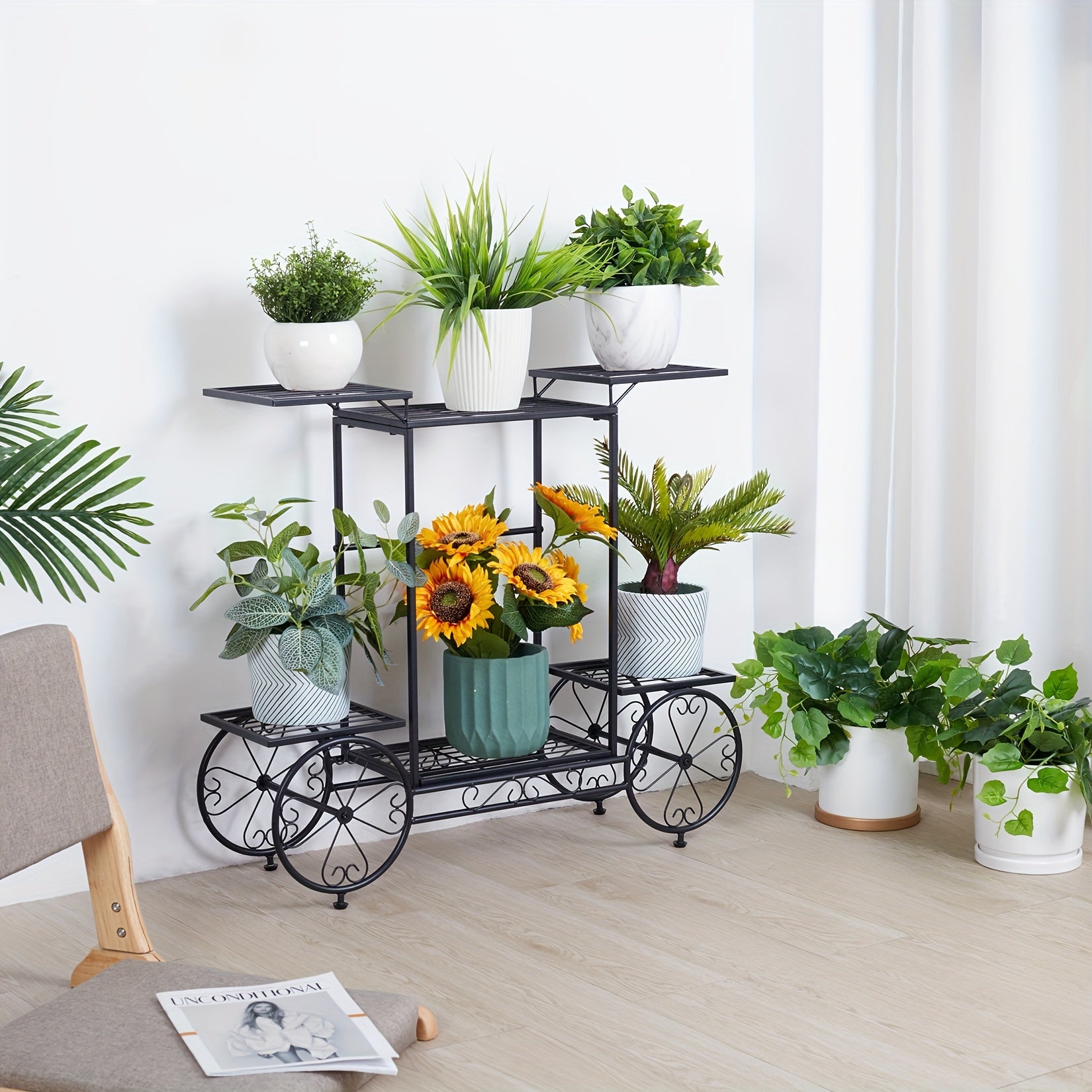 6-Tier Metal Garden Cart Stand Iron Plant Rack Home Porch Flower Display Holder