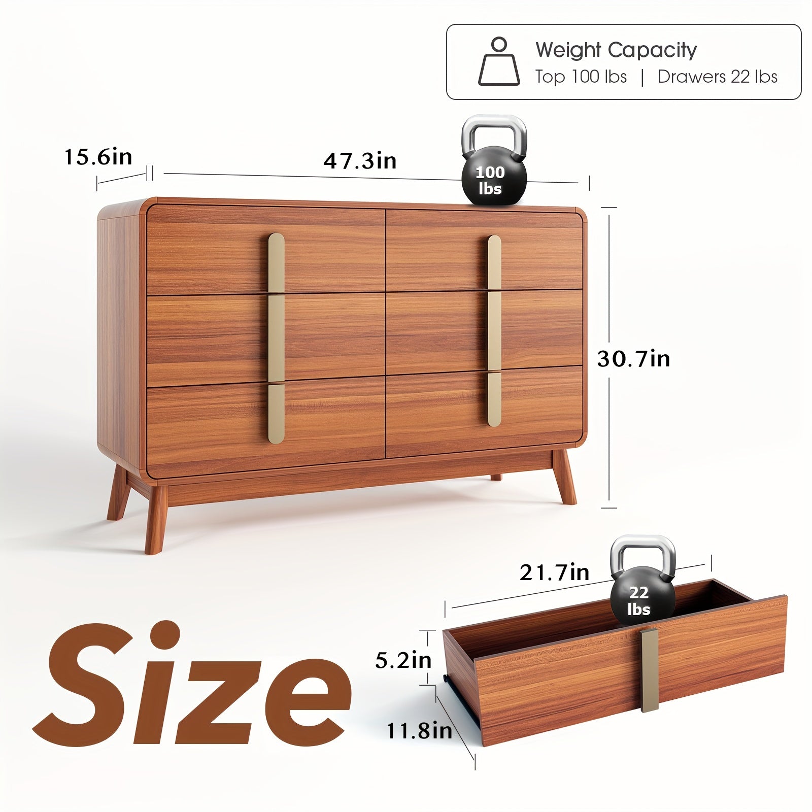 Mid-Century Modern 5/6 Drawer Dresser - Cherry Wood Finish 47.2’’ Tall with Metal Handles for Bedroom Living Room &