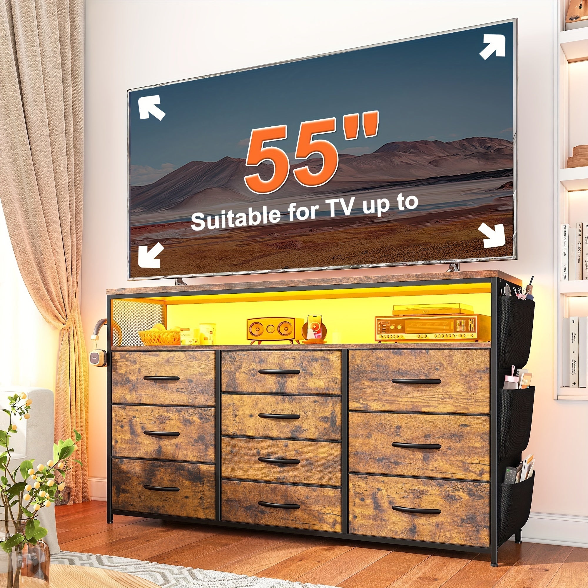 Dresser TV Stand With 10 Drawers For 55" TV Stand For Bedroom With LED Lights & Power Outlets Wide Dresser For Bedroom With Shelves & Side Pockets Sturdy Metal Frame & Wood Top Storage Drawer Units