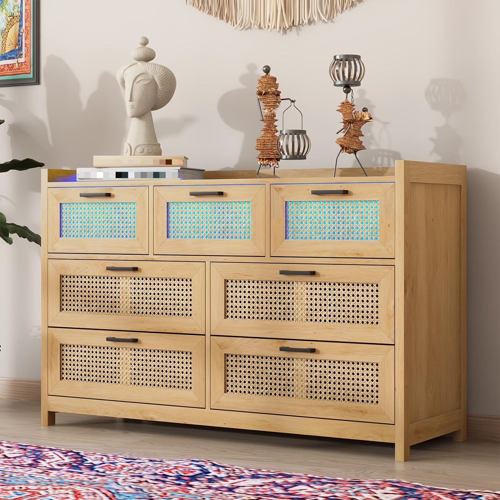 Modern Rattan 7-Drawer Dresser with Metal Handles - Spacious Storage Chest for Bedroom, Living Room, or Hallway